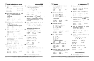 51 52COLEGIO DE CIENCIAS LORD KELVIN 4to Año Secundaria ÁLGEBRA 4to Año Secundaria
04. Si:] x; y [ ⊂ ] a; b [, entonces es verdad
que:
a) x ≤ a ∧ y ≤ b d) x ≥ a ∧ y ≥ b
b) x ≥ a ∧ y > b e) x ≤ a ∧ y ≥ b
c) x ≥ a ∧ y ≤ b
05.Hallar el menor número racional “m” donde
∀ x ∈ [2; 4] satisface la desigualdad:
m
5x
3x
≤
−
+
a) -2/3 b) -1/3 c) -5/3
d) -7 e) -6
06.Dar el mayor número entero M que satisface
la desigualdad:
2x2
- 4x +1 > 2M, ∀x ∈ R
(Tal desigualdad la llamaremos absoluta)
a) 3 b) -2 c) 0
d) 1 e) -1
07. Hallar el menor número M con la propiedad
de que para todo x ∈ R se cumpla:
1 +6x - x2
≤ M
a) 11a) 11 b) 9b) 9 c) 12c) 12
d) 10d) 10 e) 0e) 0
08. Si: x2
- 6x + 8 < 0 y demás
consideraremos: λ=x2
- 6x + 8, entonces se
puede afirmar que:
a) λ e cualquier real negativo
b) -1 < λ < 0 c) -1/2 ≤ λ<0
d) -1 ≤ λ < 0 e) -1 < λ ≤ 0
09.Sabiendo que a > 0, indique el intervalo al
que pertenece, conociendo:
axaax +−+ )21(2
∈ R; ∀x
∈ R
a) ]-∞; 2[ b) [1/4; +∞[ c) [2; -3[
d) [1; +∞[ e) ]1/4; +∞[
10. Sea S el área de un triángulo de lados a; b y
c. ¿Qué podemos afirmar de λ si:
?
S.3
cba 222
++
=λ
a) λ ≤ 4 b) λ >4 c) λ < 4
d) λ ≥ 4 e) λ < 1
11. Dado el conjunto:






Ζ∈= +
n
n
A /
1
Determine si existe el supremo y el ínfimo
de A y establecer si pertenecen o no al
conjunto A.
12. Hallar el menor número “m” con la
propiedad
ℜ∈∀≤−+ xmxx ,2127 2
Sea S
EJERCICIOS PROPUESTOS N° 01
01. Sean los intervalos:
C = [-4; 4]; D = ]4; 8[ .Calcular : C ∪ D
a) [-4; 4] b) ]4; 8[ c) ]-4;8]
d) [0;8] e) [-4; 8[
02. Si la unión de los intervalos:
p = [-11; 1[ ; q = ]3; 11]
Es: [p + q; m [ ∪ ] p - q; n]
Calcular: “p + q + m + n”
a) -11 b) 11 c) 1
d) -1 e) 0
03. Sean los intervalos:
A = [-6; 5] B = ]-2; 9[
Calcular la suma de los valores enteros de
A∩B
a) 10 b) 11 c) 12
d) 13 e) 14
04. Si la intersección de los intervalos:
A = ]-5; -1[ U ]2; 11[ B = [-3; 4]
Es [a; b [ U ]c; d].
Calcula “a + b + c + d”
a) 1 b) 2 c) 3
d) 4 e) 5
05. Para los reales afirmamos:
I. Si a > 0  a2
> 0
II. Si a < b  ac < bc
III. Si 0 < a < b  0 < b-1
< a-1
Son verdaderas:
a) Todas b) I y II c) Sólo I
d) I y III e) N.A.
06. Para reales afirmamos:
I. Si a < b  a + c < b + c
II. Si a < 0  -a > 0
III. (a + b)2
> 2 ab
Son verdaderas:
a) Sólo I b) Sólo II c) Sólo III
d) Todas e) N.A.
07. Si: a < 0 < b, afirmamos
I. a2
> ab
II. a – b–1
< 1
III. a–1
< b–1
IV. a2
< b2
¿Cuántas son verdaderas?
a) 0 b) 1 c) 2
d) 3 e) 4
08. Si: a/b < 0, entonces se cumple que:
a) a < 0 y b > 0 d) ab > 0
b) a > 0 y b < 0 e) ab < 0
c) a > b
09. Hallar los valores de “m” para los cuales
“x” es un número positivo, si x = m - 2
a) m > 2 b) m < 2 c) m > -2
d) m ≤ 2 e) m < -2
10. Resolver: 2x + 4 ≤ x +12
a) ]-∞; -8] b) ]-∞; -16] c) ]-∞; 8]
d) [8; +∞[ e) [-8; +∞[
11. Resolver: (x - 5) (x - 2) ≤ (x + 3) (x + 1)
a) x ≥ 7 b) 7/11 ≤ x c) x ≤ 7/11
d) x ≤ 7 e) N.A.
12. ¿Qué valor deberá tomar m > 0 para que la
desigualdad: 2x+3 <
m
mx 43 −
. Tenga
como solución ]3; ∞[
a) 6/13 b) 5/17 c) 19/14
d) -17/14 e) 9/13
13. Hallar el complemento del conjunto
solución luego de resolver:
(x - 5) (x - 3) ≤ (x - 4) (x - 3)
a) [3; +∞[ b) ]-∞; 3[ c) [4; +∞[
d) ]-∞; 4[ e) ]-∞; -3[
14. Calcule el conjunto solución de la
desigualdad:
17
5432
−>+++ x
xxxx
a) [-60; +∞[ d) ]-60; 0[
b) ]-60; +∞[ e) x ∈ φ
c)]-∞; -60[
15. Resolver: 3x+4 ≤ 2x+10 < 5x+8
a) [2/3; 6] b) φ c) IR
d) ]2/3; 6] e) ]2/3;6[
TAREA DOMICILIARIATAREA DOMICILIARIA
01. Si la unión de los intervalos:
S4AL34B “El nuevo símbolo de una buena educación....” S4AL34B “El nuevo símbolo de una buena educación...."
 