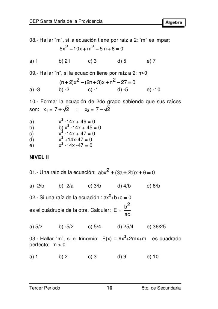Algebra 4to Ecuaciones E Inecuaciones De 2º Grado Algebra 4to Ecuaciones E Inecuaciones De 2º Grado