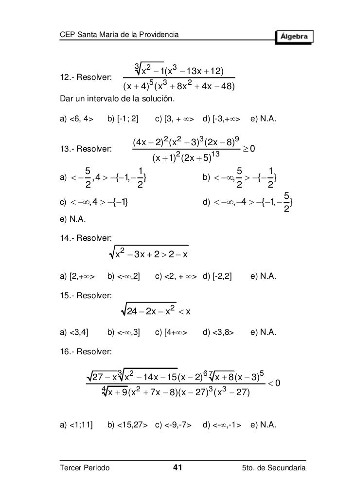 Algebra 4to Ecuaciones E Inecuaciones De 2º Grado