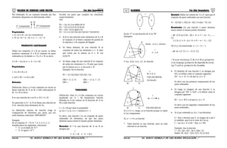 01 02COLEGIO DE CIENCIAS LORD KELVIN 5to Año Secundaria ALGEBRA 5to Año Secundaria
Par Ordenado: Es un conjunto formado por dos
elementos dispuestos en determinado orden:
ra1 Componente da2 Componente
(a ; b)
Propiedades:
1. (a ; b) ≠ (b ; a) ( no conmutativa)
2. Si: (a ; b) = (c ; d) ⇒ a = c ∧ b = d
PRODUCTO CARTESIANO
Dados los conjuntos A y B no vacíos; se llama
producto cartesiano A x B al conjunto de pares
ordenados (a; b) donde a ∈ A y b ∈ B; es decir:
A x B = {(a; b) /a ∈ A ∧ b ∈ B}
Propiedades:
1. A x B ≠ B x A
2. n(A x B) = n (A) n (B)
Relación:
Definición: Sean a y b dos conjuntos no vacíos se
llama relación de A en B, a todo subconjunto R
de A x B es decir:
R es una relación de a en B ⇔ R C A x B
En particular si A = b, R se llama una relación en
A (ó relación entre elementos de A).
La definición anterior de relación exige la
comparación de elementos por pares, por eso
suele llamarse relaciones “BINARIAS”
Ejemplo:
En el conjunto A = {9, 8, 7, 6, 5, 4, 3, 2, 1}
Establecemos las siguientes, relaciones:
* “a” es el doble de “b”*
* “a” es igual a “b”*
Escribir los pares que cumplen las relaciones
respectivamente.
Sea:
R1 = {(a, b) /a es doble de b}
R1 = {(2,1) (4,2) (6,3) (8,4)}
R2 = {(a1 / b) es igual a b}
R2 = {(1,1) (2,2)(3,3)(4,4)(5,5)(6,6)(7,7)(8,8)(9,9)}
• Si R es una relación entre elementos de A y B
al conjunto A se llama conjunto de partida de
la relación y a B conjunto de llegada
• Se llama dominio de una relación R al
conjunto de todos los elementos a ∈ A tales
que existe por lo menos un b ∈ B con
(a,b)∈R
• Se llama rango de una relación R al conjunto
de todos los elementos b ∈ B tales que existe
por lo menos un a ∈ a con (a,b) ∈ R.
Ejemplo: De la relación:
R1 = {(1,2)(2,b)(2,7)(3,2)(1,-2)}
DR1= {1; 2; 3} RR1 = {2, b, 7, -2}
DR1 = RR1 =
FUNCIONES
Definición: Sean A y b dos conjuntos no vacíos
(pudiendo ser A = B) llamaremos función
definida en A los valores en B (función de A en
B) a toda relación:
f ⊂ A x B que tiene la propiedad:
(a, b) ∈ f y (a, c) ∈ f, entonces b = c
Es decir, una función f es un conjunto de pares
ordenados de elementos, tal que dos pares
distintos nunca tienen el mismo primer elemento.
Notación: Si f es una función de A en B se
designa por:
f
f : A → B ó A → B ó
a b
A B
f
Se lee “f” es una función de A en “B”
Ejemplos:
a
b
c
1
A
B
Siendo a
A
f
≠ b ≠ c diremos:
B→
f={(a, 2) (b, 1) (c, 1)} Es función
→
1
2
3
a
b
c
d
M N
f
M N
f
ó
f={(1,c)(2,d)(3,b)}
Es función
1
2
a
b
c
M S
f
f
f={(1,b)(2,a)(3,c)}
M S
Si a ≠ b ≠ c, luego, so es función porque se repite
el 1er componente.
Si; a = c ≠ b, es función
* Toda función es una relación, pero no toda
relación es un función.
Ejemplo: Hallar los valores de “a y b” para que el
conjunto de pares ordenados sea una función:
A = {(2,5)(-1,-3)(2,2a - b)(-1; b-a)(a + b2, a)}
Resolución: En una función 2 pares distintos
nunca tienen el mismo primer elemento.
∴φ0 (2,5) ψ (2,2α − β) ∈ A ⇒ 5 = 2a - b..........
(1)
(-1,3) y (-1, b - a) ∈ A ⇒ b = -a = -3..... (2)
De (1) y (2) resolviendo a = 2 ∧ b = -1
∴φ0 φ= {(2, 5) (−1, −3) (3, 2)}
∗ Σι φ εσ υνα φυνχι⌠ν δε Α εν Β ελ χονϕυντο
Α σε λλαµαρ〈 χονϕυντο δε παρτιδα δε λα φυ
νχι⌠ν ψ Β ελ χονϕυντο δε λλεγαδα.
• El dominio de una función f, se designa por
Df y se define como el conjunto siguiente:
Df = {x ∈ A/ ∃ y tal que (x, y) ∈ f}
Es decir son las primeras componentes de los
pares ordenados
• El rango (o imagen) de una función f, se
designa por “Rf” o “imf” y se define como el
conjunto siguiente:
Rf = {y ∈ B/∃ x tal que (x, y) ∈ f}
Es decir son las segundas componentes de los
pares ordenados.
• Si el par ordenado (a, b) ∈ f escribiremos:
b = f(a) y diremos que b es imagen de a por f
(o también, que b es el valor de f en a).
f = {(a, b) ∈ A x b/b = f(a), a ∈ Df}
Ejemplo: Sea la función:
f = {(2, 3)(3, 4)(7, 3)(-2, 6)(4, 1)}
Hallar: M =f(2) + f(3) +f(7) +f(-2)+f(3)
S5AL34B “El nuevo símbolo de una buena educación....” S5AL34B “El nuevo símbolo de una buena educación...."
 