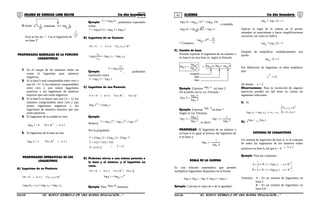 01 02COLEGIO DE CIENCIAS LORD KELVIN 5to Año Secundaria ALGEBRA 5to Año Secundaria
3 3= entonces,-3 log: - =
3
2) Como: 1
27
1
27
Esto se lee así: “- 3 es el logaritmo de 27
1
en base 3”
PROPIEDADES GENERALES DE LA FUNCION
LOGARITMICA
1. En el campo de los números reales no
existe el logaritmo para números
negativos.
2. Si la base b está comprendida entre cero y
uno (0 < b< 1) los números comprendidos
entre cero y uno tienen logaritmos
positivos y los logaritmos de números
mayores que uno serán negativos.
3. Si la base b es mayor que uno ( b > 1), los
números comprendidos entre cero y uno
tienen logaritmos negativos y los
logaritmos de números mayores que uno
serán positivos.
4. El logaritmo de la unidad es cero.
1bRb01logb ≠∧∈∀= +
5. El logaritmo de la base es uno.
1bRb1blogb ≠∧∈∀= +
PROPIEDADES OPERATIVAS DE LOS
LOGARITMOS
A) Logaritmo de un Producto:
+∈∀≠∧>∀ Rx,x;1b0b 21
2b1b21b xlogxlog)x.x(Log +=
Ejemplo: 15LogT 8=
, podríamos expresarlo
como:
5log3log)5.3(logT 888 +==
B) Logaritmo de un Cociente:
+∈∀≠∧>∀ Rx,x;1b0b 21
2b1b
2
1
b xlogxlog)
x
x
(Log −=
Ejemplo:
)
2
17
(logT 5=
, podríamos
expresarlo como:
2log17logT 55 −=
C) Logaritmo de una Potencia:
Qn;Rx;1b0b ∈∀∈∀≠∧>∀ +
xlognxlog b
n
b =
Ejemplo:
Reducir:
3
7
5
2
4
3 7log2log3logT +−=
Por la propiedad:
( ) ( ) ( )7log32log53log4T 723 ++=
)1(3)1(5)1(4T ++=
T= 4+5+3 12T =∴
D) Podemos elevar a una misma potencia a
la base y al número, y el logaritmo no
varía.
Qn;Rx;1b0b ∈∀∈∀≠∧>∀ +
n
bb xlogxlog n=
Ejemplo: Para 16log9 tenemos:
256log16log16log 81
2
99 2 ==
, o también
4log16log16log 399 ==
* Corolario : n
m
blog m
bn =
E) Cambio de base:
Permite expresar el logaritmo de un número x
en base b en otra base m, según la fórmula:
log
b
x =
log
m
x
log
m
b
⇒ blog
m
x log
b
x log
m= .
Incógnita
Dato
Dato
Ejemplo: Expresar 5log3 , en base 2
De acuerdo con la 1ra. Fórmula :
3log
5log
5log
2
2
3 =
Ejemplo: Expresar
3log7 en base 7
Según la 1ra. Fórmula:
7log
3log
3log
3
3
7 =
, es decir: 7log
1
3log
3
7 =
PROPIEDAD: El logaritmo de un número x
en base b es igual al inverso del logaritmo de
b en base x.
blog
1
xlog
x
b =
REGLA DE LA CADENA
Es una relación matemática que permite
multiplicar logaritmos dispuestos en la forma.
elogelog.dlog.clog.alog bdcab =
Ejemplo: Calcular el valor de x de la igualdad :
532log.7log 7x =
Aplicar la regla de la cadena en el primer
miembro es equivalente a hacer simplificaciones
sucesivas, tal como se indica:
532log.7log 7x =
Después de simplificar cuidadosamente, nos
queda:
532logx =
Por definición de logaritmo se debe establecer
que:
32x
5
=
De donde : x = 5
Observaciones: Para la resolución de algunos
ejercicios pueden ser útil tener en cuenta las
siguientes relaciones.
I) Si:
212b1b xxxlogxlog =⇒= 



≠∧>
∈∀
+
1b0b
Rx,x 21
II)
alogclog bb ca =
SISTEMAS DE LOGARITMOS
Un sistema de logaritmo de base b, es el conjunto
de todos los logaritmos de los números reales
positivos en base b, tal que b > 0 1b ≠∧
Ejemplo: Para los conjuntos:
{ }+∈=∈= Rx;xlogy/RyA 2
{ }+∈=∈= Rx;xlogy/RyB 8,0
Tenemos: A : Es un sistema de logaritmos en
base 2
B : Es un sistema de logaritmos en
base 0,8
S5AL34B “El nuevo símbolo de una buena educación....” S5AL34B “El nuevo símbolo de una buena educación...."
 