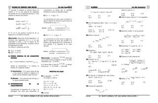 01 02COLEGIO DE CIENCIAS LORD KELVIN 5to Año Secundaria ALGEBRA 5to Año Secundaria
“y” decimal, es también un número entero; en
cambio si “x” es una potencia de exponente
fraccionario de 10, su logaritmo decimal “y” será
también un número fraccionario.
Ejemplo:
210log100log 2 ==
310log001,0log 3 −== −
4
1
10log10log 4
1
4 ==
Si “x” no es una potencia racional de 10, su
logaritmo es un número irracional.
Observación: Dentro del cálculo logarítmico , es
frecuente usar logaritmos de 2 y 3 ya que
conociendo a estos, y con el auxilio de las
propiedades de los logaritmos, se podrán conocer
los logaritmos de todos
los números compuestos por ellos.
I) log 2 = 0, 30103
II) log 3 = 0, 47712
A) FORMA GENERAL DE UN LOGARITMO
DECIMAL
MANTISA,TICACARACTERISxlog =
∀x > 0
Donde la característica y la mantisa se
definen de la siguiente manera:
I) Característica .- Es la parte entera del log
x; ésta puede ser positiva o negativa y se
puede calcular mediante reglas sencillas.
II) Mantisa .- Es la parte decimal del log x, y
se calcula mediante tablas.
B) DETERMINACION DE LA
CARACTERISTICA
Considerando al logaritmo de x: log x, se
distinguen dos casos para determinar su
característica, la misma que se calculará
teniendo en cuenta las siguientes reglas:
I) Si x > 1 ⇒ log x > 0
La característica en estos casos es positiva e
igual al número de cifras de la parte entera de
x disminuido en uno ( 1 ).
Ejemplo : log 457
log 2 457,29
,
,
la característica es
la característica es
3
4 1
1=
=-
- 2
3:
:
II) Si 0 < x < 1 ⇒ log x < 0
La característica en estos casos es negativa e
igual al número de ceros que suceden a la
primera cifra significativa de x incluyendo al
cero ubicado a la izquierda de la coma
decimal.
Ejemplo : log 0,000923
log 0,0089
,
,
la característica es
la característica es
-4 =
=-3
4
3:
:
Observación .- la expresión 091176,3
indica que
solo la parte entera es negativa, es decir, no debe
confundirse con: - 3,176 091.
Si se desea saber el valor de 091176,3
, se deberá
efectuar así: - 3 + 0,176 091 = - 2,823 909
PRÁCTICA DE CLASE
01.La igualdad:
xlogaax =
Se cumple si y sólo si:
a) a > 0 ; x ∈ R
b) a > 1 ; x ∈ R - {0}
c) a ≠ 1 ; x > 0 ∧ a > 0
d) a ∈ R - {1} ; x ∈ R - {0}
e) a > 1 ; x > 0
02. Calcule:
169Log64Log216LogE 1386 ++=
a) 5 b) 7 c) 9
d) 11 e) 3
03.Con los siguientes datos: Log 2 = a y Log 3
= b
Hallar: Q = Log 72
a) 2b + a b) a - 2b c) 3b - 2a
d) 2b + 3a e) 3 - 2a
04.Hallar el valor de :
P =
37log
72log
5 2log
9 5log
a) 2 b) 4 c) 1/4
d) 1/2 e) N.a.
05.Simplificar :
M = log94 . log53 . log725 . log2 49
a) 1 b) 2 c) 3
d) 4 e) 5
06.Calcular “α” en :
α = (log tan 1° ) ( log tan 2° ) ( log tan
3°) .......
(log tan
89°)
a) log tan 89! b) 1 c) 0
d) -1 e) [log tan 89° ]89
07.El valor de “x” diferente de L que verifica :
log x2 = ( log x )2, es :
a) 10 b) 2 c) 100
d) 0,1 e) 0,01
08.A partir de la igualdad :
5log
32
)2x(
7
log =
−
Indicar el valor de “x”.
a) 48 b) 51 c) 55
d) 58 e) 16
09.Halle el mayor valor de “x” en la igualdad :
25
11
2
11 log)21x7x(log 35 =
+−
a) 2 b) 3 c) 4
d) 5 e) 6
10.Resolver y hallar “x” en la ecuación
15log
10log
1
10log
1
)1x()3x(
=+
++
a) 1 b) 2 c) 3
d) 4 e) 5
11.Determinar “x” a partir de : 3x = 5
a) x = log5 3 b) x = log35
c) x = 3log 5 d) x = 5log 3
e) x = log 1/35
12.Obetener el valor reducido de :
A = Antilog








+
−
3logCo75log
2logAnti8log2
55
32
a) 10 b) 10 c) 100 10
d) 10 10 e) 1
13.Hallar “x” en:
4)3x2(LogLog 524 =−
a) 10 b) 14 c) 6
d) 2 e) 4
S5AL34B “El nuevo símbolo de una buena educación....” S5AL34B “El nuevo símbolo de una buena educación...."
 