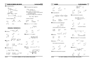 01 02COLEGIO DE CIENCIAS LORD KELVIN 5to Año Secundaria ALGEBRA 5to Año Secundaria
35.Del siguiente gráfico :
recta
Q
Curva
xa
45°
y
Logarítmica
O
2a; -
2
1
Calcule el segmento OQ
a) 2µ b) 2
1
µ c) 2 µ
d) 2
1
µ e) 1µ
PROBLEMAS PROPUESTOS 03
01.Calcular : 77
logE =
(
7
7
)
a) 1 b) 7
c) 7
d) 2
7
e) 2
7
02.El valor :
100
aa
log
a .
3 10
b blog
es :
a) 100 b) 1000 c) alog
100
d) 10 e) blog
100
03.Calcular log y si :
y = 2
log 4
2
loganti 6
2
logco
8
a) - 3 log 3 b) 2 log 3 c) - 2 log 3
d) 3 log 2 e) No existe en R
04.De las proposiciones siguientes :
1,0logco
1000 000 = 6
log 1000logco 1000loganti
(-1) = 0
Los logaritmos de números reales positivos
son siempre positivos.
Es falso que en ningún caso se cumple que :
log x + log y = log(x+y)
¿Cuántas son falsas?
a) todas b) 3 c) 2
d) 1 e) Ninguna
05.Siendo : a > 1 ∧ b > 1, reducir :
E =








alog
abloglog
ab
a) a b) b c)
ba
d)
ab e) ab
06.Siendo a + b > 0, reducir :
L =
( )
( )baloglog1
baloglog
39
18
93
++
+
a) 2 b) 2
3
c) 1
d) 2
1
e) 4
1
07.Siendo : {a; b; c; x; y} ⊂
+
R - {1}
reducir :
L =
x
log
y
y
log abc
y
xlog
xlog
yx
x
x
abc










a) y
x
b) x
y
c) 1
d) xy e) ( )xyabc
08.El equivalente de :
E =
( ) ( )e3log1
1
30Ln1
1
e10log1
1
3 +
+
+
−
+
es :
a) 1 b) log 3 c) Ln 10
d) Ln 30 e) log (3e)
09.Resolver la ecuación logarítmica :
xlogx =
2
4
x
10








y dar el producto de sus soluciones :
a) 100 b) 10 c) 0,1
d) 0,01 e) 1
10.Resolver :
x
x
x
x xlog 




=
2x
2x
−





a) 3 b) 4 c) 5
d) 6 e) 7
11.Resolver :
3
x
log
9
= 27 x
Dar la menor de sus soluciones :
a) 3 b) 3
1
c) 9
1
d) 27
1
e) 81
1
12.Hallar una solución de la ecuación :
x
1
xlog
4log
xlog
4
x
4
=








a)
22 b) 4 c)
24
d) 16 e)
242
13.Una solución de la ecuación :
( )
3
1x2log
x6x54log2log 2
=
−




 −−+
es :
a) 2
1
b) 2
3
c) 2
d) 2
5
e) Ecuación Absurda
14.Resolver :
( ) ( )3xlog1xlog
2
1
2
1 −−+
= 1
a) 5 b) 7 c) 4
d) - 5 e) No tiene solución
15.Hallar el valor de “x” en la ecuación :
1x
xlog
−
= 2x log 3
a)
1
3−
b)
2
3−
c)
3
3−
d) 3 e)
2
3
16.Resolver : }
xlog
xlog
4
2
2
xlog
xlog6







 −
= 1
a) 4
1
b) 2
1
c) 2
d) 4 e) 8
S5AL34B “El nuevo símbolo de una buena educación....” S5AL34B “El nuevo símbolo de una buena educación...."
 