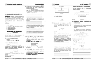 01 02COLEGIO DE CIENCIAS LORD KELVIN 5to Año Secundaria ALGEBRA 5to Año Secundaria
I. PROGRESIONES ARITMETICAS (P.A.)
DEFINICIÓN: Se llama progresión aritmética o
por diferencia, a una sucesión de números, en la
cual cada término siguiente después del primero,
se obtiene sumándoles al anterior una cantidad
constante llamada razón o diferencia de la
Progresión.
Símbolos:
t1 = 1er término
tn = término de lugar “n” o último término
r = razón o diferencia
n = número de términos,
S = suma de términos
NOTACION DE UNA PROGRESION
ARITMETICA
÷ t1, t2 , t3 , ......tn-1 . tn
La razón de una P.A. se obtiene restando de un
término cualquiera su inmediato anterior.
• Si : r > 0, la P.A. es creciente
Ejemplo:
÷ 3, 8, 13, 18, i = 8 - 3 = 5 > 0
• Si: r < 0, la P.A. es decreciente
Ejemplo:
÷ 7, 4, 1, - 2,........ r = 4 - 7 = - 3 > 0
La progresión se llama limitada cuanto tiene un
número FINITO de términos,, llamándose al
primer y último término extremos.
Ejemplo
 
extremos
n21 t,.......t,t÷
:
La progresión es ilimitada cuando tiene infinitos
término:
Ejemplo: n21 t,.....t.t÷
PROPIEDADES
1. En una P.A., un término cualquiera es igual al
primer término más tantas la razón como
términos le preceden.
Tn = t1 + (n - 1) r
1.1 Una progresión aritmética se compone
de 50 términos. Si el primero es 81 y la razón
- 3. Hallar el último término.
...................................................................
...................................................................
...................................................................
...................................................................
1.2. Una P.A. se compone de 15 términos. La
razón es 0,5 y el último es 8. ¿ Cuánto vale el
primero?
...................................................................
...................................................................
...................................................................
...................................................................
1.3. En una P.A. el primer término es -6 y el último
es 30. Si la razón es 4. ¿De cuántos términos se
compone la progresión?
...................................................................
...................................................................
...................................................................
1.4 Una P.A. se compone de 6 términos el primero
de los cuales es 2 y el último es 4. Hallar la razón.
...................................................................
...................................................................
...................................................................
02. En una P.A., la suma de dos términos
equidistantes de los extremos es
constante e igual a la suma de los
extremos.
En efecto, sea la P.A. de razón “r”:
 
los extremosde
equidistantestérminos
.x

términos)1k(
nt.....c,y
+

términos)1k(
1 b.....t
+
÷ . . . . .
03. En una P.A. de un número impar de
términos, el término central es igual a la
semisuma de los extremos.
En efecto, sea P.A. de un número impar
de términos de razón “r”.
   términos"n"
n1 a...........x..........,a÷
término Central
extremos
Si n = impar, entonces:
2
tt
x n1 +
=
04.La suma de los términos de una P.A.
LIMITADA, es igual a la semisuma de los
extremos multiplicada por él número de
términos.
n
2
)tt(
S n1
n
+
=
Ejemplo:
4.1 En una P.A. de 10 términos la razón es
1,5 y la suma de sus términos vale 92,5.
Hallar el primero y el último término.
...................................................................
4.2 En una P.A., la razón y el número de
términos son iguales, la suma de los términos
es 156 y la diferencia de los extremos es 30.
Calcular el último término.
...................................................................
...................................................................
...................................................................
4.3 Calcular el término que ocupa el lugar 17
en una P.A. CRECIENTE de 18 términos,
sabiendo que la suma de todos estos términos
vale 549 y que los términos extremos tienen
por producto 280.
...................................................................
...................................................................
...................................................................
MEDIOS ARITMETICOS O DIFERENCIALES
Son los términos de una P.A. comprendido
entre sus extremos:
t 2 n-1
t 1 , . . . . . . . . . . . . . . .
"m" medios aritmeticos
"n" términos
tn,
.
._ t
Donde: 2mn +=
03.INTERPOLAR MEDIOS ARITMETICOS O
DIFERENCIALES
Es formar una P.A., cuyos extremos sean
precisamente los números dados:
Ejemplo:
3.1 Interpolar “m” medios aritméticos o
diferenciales entre a1 y an. Se debe formular
la P.A.
t , (t + r) , (t + 2r) , (t + 2r) . . . . . . t1 1 1 1 n
"n" términos
"m" medios aritméticos
* Se debe calcular la razón de:
r)1n(tt 1n −+=
1n
tt
r 1n
−
−
=
Pero: n = m + z
Luego:
1m
tt
r 1n
+
−
=
3.2 Interpolar 5 medios diferenciales entre 32 y
80.
..............................................................
..............................................................
..............................................................
S5AL34B “El nuevo símbolo de una buena educación....” S5AL34B “El nuevo símbolo de una buena educación...."
 