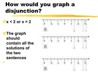 How would you graph a disjunction?x < 2 or x = 2The graph should contain all the solutions of the two sentences