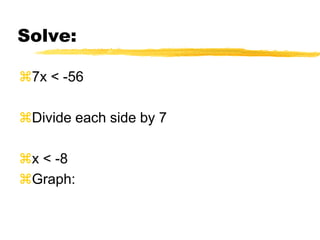 Solve:7x < -56Divide each side by 7x < -8Graph: