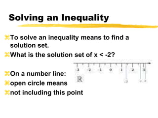 Solving an InequalityTo solve an inequality means to find a solution set.What is the solution set of x < -2?On a number line:open circle meansnot including this point