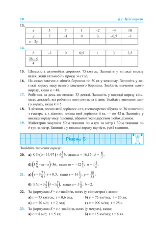 10 § 1. Цілі вирази
13.
14.
15. Швидкість автомобіля дорівнює 75 км/год. Запишіть у вигляді виразу
шлях, який автомобіль проїде за t год.
16. На склад завезли n мішків борошна по 50 кг у кожному. Запишіть у ви-
гляді виразу масу всього завезеного борошна. Знайдіть значення цього
виразу, якщо n = 48.
17. Робітник за день виготовляє 32 деталі. Запишіть у вигляді виразу кіль-
кість деталей, які робітник виготовить за k днів. Знайдіть значення цьо-
го виразу, якщо k = 5.
18. З ділянки, площа якої дорівнює а га, господарство зібрало по 38 ц пшениці
з гектара, а з ділянки, площа якої дорівнює b га, — по 42 ц. Запишіть у
вигляді виразу масу пшениці, зібраної господарством з обох ділянок.
19. Майстерня закупила 50 м тканини по а грн за метр і 30 м тканини по
b грн за метр. Запишіть у вигляді виразу вартість усієї тканини.
Знайдіть значення виразу:
20. а) якщо a = 16,17; b =
б) якщо m = n =
21. а) якщо х = у =
б) якщо а = b = 2.
22. За формулою S = vt знайдіть шлях (у кілометрах), якщо:
а) v = 75 км/год; t = 0,6 год; б) v = 75 км/год; t = 20 хв;
в) v = 20 м/с; t = 2 год; г) v = 900 м/хв; t = 25 с.
23. За формулою S = vt знайдіть шлях (у метрах), якщо:
а) v = 8 м/с; t = 5 хв; б) v = 15 км/год; t = 6 хв.
х 5 7 1 –2 –4 10
у 2 –1 0 3 –0,5 –1
х – 2y
b –2 0 0,5 1 3 3,5
 