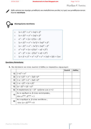 Άλγεβρα Α’ Λυκείου
Επιμέλεια: Αλεξάνδρα Στυλιανίδου 7
Κάθε ισότητα που περιέχει μεταβλητές και επαληθεύεται για όλες τις τιμές των μεταβλητών αυτών
λέγεται ταυτότητα.
Αξιοσημείωτες ταυτότητες
o ( 𝑎 + 𝛽)&
= 𝛼&
+ 2𝛼𝛽 + 𝛽&
o ( 𝑎 + 𝛽)&
= 𝛼&
+ 2𝛼𝛽 + 𝛽&
o 𝛼&
− 𝛽&
= ( 𝛼 + 𝛽)( 𝛼 − 𝛽)
o ( 𝑎 + 𝛽)'
= 𝛼'
+ 3𝛼&
𝛽 + 3𝛼𝛽&
+ 𝛽'
o ( 𝑎 − 𝛽)'
= 𝛼'
− 3𝛼&
𝛽 + 3𝛼𝛽&
− 𝛽'
o 𝛼'
+ 𝛽'
= ( 𝛼 + 𝛽)( 𝛼&
− 𝛼𝛽 + 𝛽&)
o 𝛼'
− 𝛽'
= ( 𝛼 − 𝛽)( 𝛼&
+ 𝛼𝛽 + 𝛽&)
o ( 𝑎 + 𝛽 + 𝛾)&
= 𝛼&
+ 𝛽&
+ 𝛾&
+ 2𝛼𝛽 + 2𝛽𝛾 + 2𝛾𝛼
Ερωτήσεις Κατανόησης
1. Να εξετάσετε αν είναι σωστοί ή λάθος οι παρακάτω ισχυρισμοί:
Σωστό Λάθος
1) (−𝛼)#
= 𝛼#
2) (−𝛼 + 𝛽)#
= 𝛼#
− 2𝛼𝛽 + 𝛽#
3) (−𝛼 − 𝛽)#
= 𝛼#
− 2𝛼𝛽 + 𝛽#
4) (−𝛼 − 𝛽)$
= (𝛼 + 𝛽)$
5) (𝛼 − 𝛽)%
= (𝛽 − 𝛼)%
6) Η παράσταση (𝛼 − 2)&			
	ορίζεται για 𝛼 ≠ 2
7)
Αν οι αριθμοί α, β είναι αντίστροφοι,
τότε 𝛼#&#&
∙ 𝛽#&#&
= 1
8)
Αν ο αριθμοί α, β είναι αντίθετοι ,
τότε (𝛼 + 𝛽)#&#&
= 0
30.08.2020 Αποκλειστικά στο lisari.blogspot.com Page 7 of 31
 