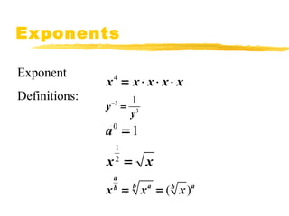Exponents 
x4 = x × x × x × x 
y - 3 
= 
1 
3 
y 
a 
xb = b xa = ( b x ) 
a 
1 
x2 = x 
Exponent 
Definitions: 
a0 = 1 
 