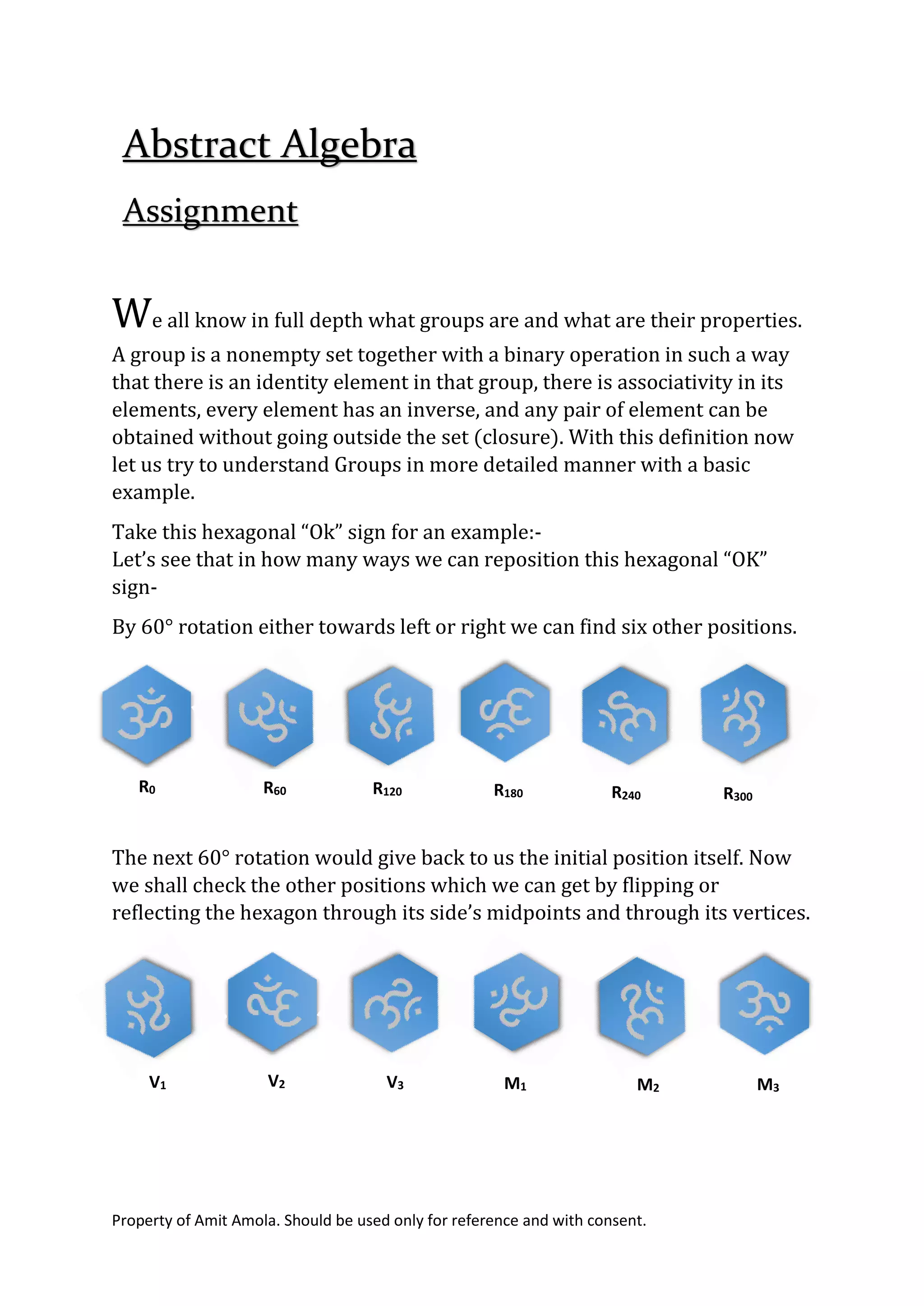 Property of Amit Amola. Should be used only for reference and with consent.
We all know in full depth what groups are and what are their properties.
A group is a nonempty set together with a binary operation in such a way
that there is an identity element in that group, there is associativity in its
elements, every element has an inverse, and any pair of element can be
obtained without going outside the set (closure). With this definition now
let us try to understand Groups in more detailed manner with a basic
example.
Take this hexagonal “Ok” sign for an example:-
Let’s see that in how many ways we can reposition this hexagonal “OK”
sign-
By 60° rotation either towards left or right we can find six other positions.
The next 60° rotation would give back to us the initial position itself. Now
we shall check the other positions which we can get by flipping or
reflecting the hexagon through its side’s midpoints and through its vertices.
Abstract Algebra
Assignment
R0 R60 R120 R180 R240 R300
V3V2V1 M1 M2 M3
 