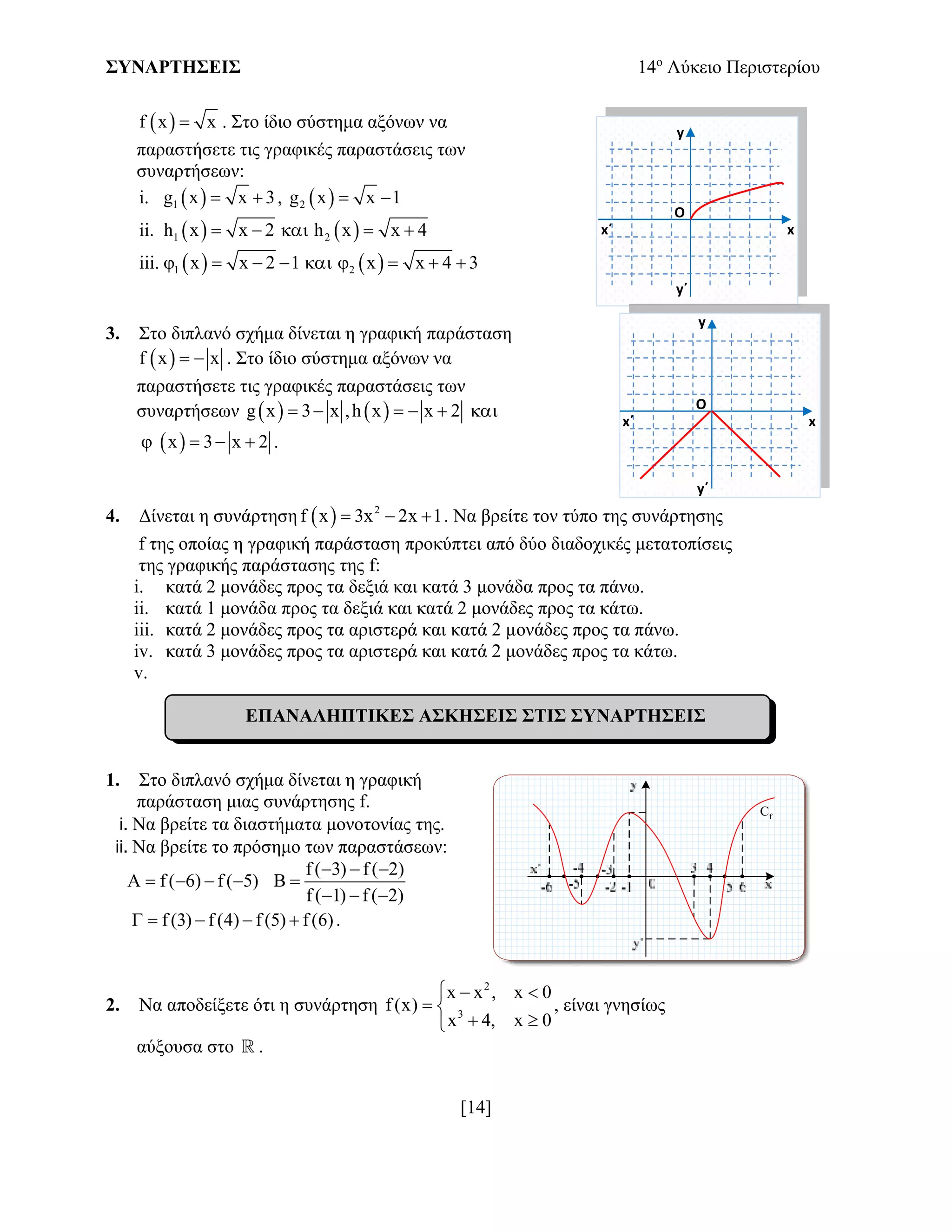 ΣΥΝΑΡΤΗΣΕΙΣ 14ο
Λύκειο Περιστερίου
[14]
 f x x . Στο ίδιο σύστημα αξόνων να
παραστήσετε τις γραφικές παραστάσεις των
συναρτήσεων:
i.  1g x x 3  ,  2g x x 1 
ii.    1 2h x x 2 h x x 4    
iii.    1 2x x 2 1 x x 4 3        
3. Στο διπλανό σχήμα δίνεται η γραφική παράσταση
 f x x  . Στο ίδιο σύστημα αξόνων να
παραστήσετε τις γραφικές παραστάσεις των
συναρτήσεων    g x 3 x ,h x x 2     
 x 3 x 2    .
4. Δίνεται η συνάρτηση   2
f x 3x 2x 1   . Να βρείτε τον τύπο της συνάρτησης
f της οποίας η γραφική παράσταση προκύπτει από δύο διαδοχικές μετατοπίσεις
της γραφικής παράστασης της f:
i. κατά 2 μονάδες προς τα δεξιά και κατά 3 μονάδα προς τα πάνω.
ii. κατά 1 μονάδα προς τα δεξιά και κατά 2 μονάδες προς τα κάτω.
iii. κατά 2 μονάδες προς τα αριστερά και κατά 2 μονάδες προς τα πάνω.
iv. κατά 3 μονάδες προς τα αριστερά και κατά 2 μονάδες προς τα κάτω.
v.
ΕΠΑΝΑΛΗΠΤΙΚΕΣ ΑΣΚΗΣΕΙΣ ΣΤΙΣ ΣΥΝΑΡΤΗΣΕΙΣ
1. Στο διπλανό σχήμα δίνεται η γραφική
παράσταση μιας συνάρτησης f.
i. Να βρείτε τα διαστήματα μονοτονίας της.
ii. Να βρείτε το πρόσημο των παραστάσεων:
A f ( 6) f ( 5)   
f ( 3) f ( 2)
B
f ( 1) f ( 2)
  

  
f (3) f (4) f (5) f (6)     .
2. Να αποδείξετε ότι η συνάρτηση
2
3
x x , x 0
f (x)
x 4, x 0
  
 
 
, είναι γνησίως
αύξουσα στο  .
x΄
y΄
x
O
y
y΄
x΄ x
O
y
fC
 