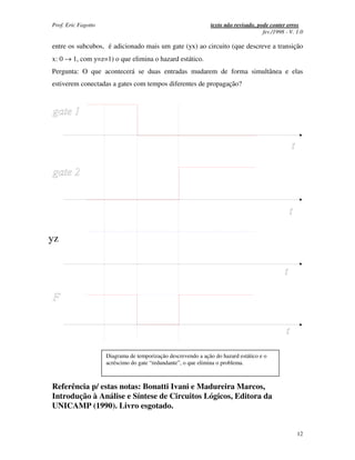 Prof. Eric Fagotto                                              texto não revisado, pode conter erros
                                                                                      fev./1998 - V. 1.0

entre os subcubos, é adicionado mais um gate (yx) ao circuito (que descreve a transição
x: 0 → 1, com y=z=1) o que elimina o hazard estático.
Pergunta: O que acontecerá se duas entradas mudarem de forma simultânea e elas
estiverem conectadas a gates com tempos diferentes de propagação?




yz




                     Diagrama de temporização descrevendo a ação do hazard estático e o
                     acréscimo do gate “redundante”, o que elimina o problema.



Referência p/ estas notas: Bonatti Ivani e Madureira Marcos,
Introdução à Análise e Síntese de Circuitos Lógicos, Editora da
UNICAMP (1990). Livro esgotado.


                                                                                                     12
 