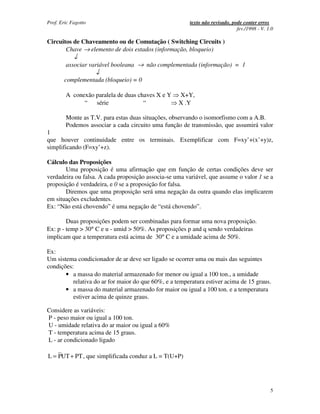 Prof. Eric Fagotto                                      texto não revisado, pode conter erros
                                                                              fev./1998 - V. 1.0

Circuitos de Chaveamento ou de Comutação ( Switching Circuits )
       Chave → elemento de dois estados (informação, bloqueio)
            ↓
        associar variável booleana → não complementada (informação) = 1
                     ↓
        complementada (bloqueio) = 0

        A conexão paralela de duas chaves X e Y     X+Y,
              “ série                “              X .Y

        Monte as T.V. para estas duas situações, observando o isomorfismo com a A.B.
        Podemos associar a cada circuito uma função de transmissão, que assumirá valor
1
que houver continuidade entre os terminais. Exemplificar com F=xy’+(x’+y)z,
simplificando (F=xy’+z).

Cálculo das Proposições
       Uma proposição é uma afirmação que em função de certas condições deve ser
verdadeira ou falsa. A cada proposição associa-se uma variável, que assume o valor 1 se a
proposição é verdadeira, e 0 se a proposição for falsa.
       Diremos que uma proposição será uma negação da outra quando elas implicarem
em situações excludentes.
Ex: “Não está chovendo” é uma negação de “está chovendo”.

        Duas proposições podem ser combinadas para formar uma nova proposição.
Ex: p - temp > 30° C e u - umid > 50%. As proposições p and q sendo verdadeiras
implicam que a temperatura está acima de 30° C e a umidade acima de 50%.

Ex:
Um sistema condicionador de ar deve ser ligado se ocorrer uma ou mais das seguintes
condições:
       • a massa do material armazenado for menor ou igual a 100 ton., a umidade
          relativa do ar for maior do que 60%, e a temperatura estiver acima de 15 graus.
       • a massa do material armazenado for maior ou igual a 100 ton. e a temperatura
          estiver acima de quinze graus.

Considere as variáveis:
P - peso maior ou igual a 100 ton.
U - umidade relativa do ar maior ou igual a 60%
T - temperatura acima de 15 graus.
L - ar condicionado ligado

L = PUT + PT , que simplificada conduz a L = T(U+P)




                                                                                              5
 
