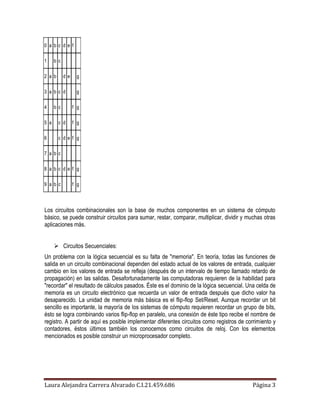 0 a b c d e f

1     b c

2 a b       d e    g

3 a b c d          g

4     b c         f g

5 a     c d       f g

6       c d e f g

7 a b c

8 a b c d e f g

9 a b c           f g




Los circuitos combinacionales son la base de muchos componentes en un sistema de cómputo
básico, se puede construir circuitos para sumar, restar, comparar, multiplicar, dividir y muchas otras
aplicaciones más.


       Circuitos Secuenciales:
Un problema con la lógica secuencial es su falta de "memoria". En teoría, todas las funciones de
salida en un circuito combinacional dependen del estado actual de los valores de entrada, cualquier
cambio en los valores de entrada se refleja (después de un intervalo de tiempo llamado retardo de
propagación) en las salidas. Desafortunadamente las computadoras requieren de la habilidad para
"recordar" el resultado de cálculos pasados. Éste es el dominio de la lógica secuencial. Una celda de
memoria es un circuito electrónico que recuerda un valor de entrada después que dicho valor ha
desaparecido. La unidad de memoria más básica es el flip-flop Set/Reset. Aunque recordar un bit
sencillo es importante, la mayoría de los sistemas de cómputo requieren recordar un grupo de bits,
ésto se logra combinando varios flip-flop en paralelo, una conexión de éste tipo recibe el nombre de
registro. A partir de aquí es posible implementar diferentes circuitos como registros de corrimiento y
contadores, éstos últimos también los conocemos como circuitos de reloj. Con los elementos
mencionados es posible construir un microprocesador completo.




Laura Alejandra Carrera Alvarado C.I.21.459.686                                            Página 3
 