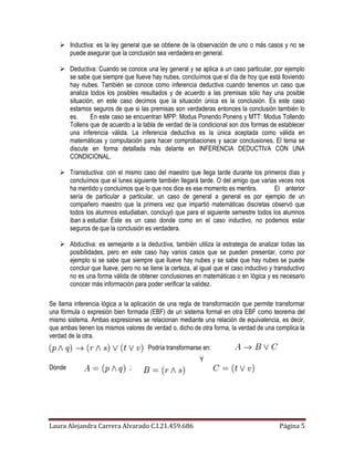 Inductiva: es la ley general que se obtiene de la observación de uno o más casos y no se
     puede asegurar que la conclusión sea verdadera en general.

    Deductiva: Cuando se conoce una ley general y se aplica a un caso particular, por ejemplo
     se sabe que siempre que llueve hay nubes, concluímos que el día de hoy que está lloviendo
     hay nubes. También se conoce como inferencia deductiva cuando tenemos un caso que
     analiza todos los posibles resultados y de acuerdo a las premisas sólo hay una posible
     situación, en este caso decimos que la situación única es la conclusión. Es este caso
     estamos seguros de que si las premisas son verdaderas entonces la conclusión también lo
     es.     En este caso se encuentran MPP: Modus Ponendo Ponens y MTT: Modus Tollendo
     Tollens que de acuerdo a la tabla de verdad de la condicional son dos formas de establecer
     una inferencia válida. La inferencia deductiva es la única aceptada como válida en
     matemáticas y computación para hacer comprobaciones y sacar conclusiones. El tema se
     discute en forma detallada más delante en INFERENCIA DEDUCTIVA CON UNA
     CONDICIONAL.

    Transductiva: con el mismo caso del maestro que llega tarde durante los primeros días y
     concluímos que el lunes siguiente también llegará tarde. O del amigo que varias veces nos
     ha mentido y concluímos que lo que nos dice es ese momento es mentira.        El anterior
     sería de particular a particular, un caso de general a general es por ejemplo de un
     compañero maestro que la primera vez que impartió matemáticas discretas observó que
     todos los alumnos estudiaban, concluyó que para el siguiente semestre todos los alumnos
     iban a estudiar. Este es un caso donde como en el caso inductivo, no podemos estar
     seguros de que la conclusión es verdadera.

    Abductiva: es semejante a la deductiva, también utiliza la estrategia de analizar todas las
     posibilidades, pero en este caso hay varios casos que se pueden presentar, como por
     ejemplo si se sabe que siempre que llueve hay nubes y se sabe que hay nubes se puede
     concluir que llueve, pero no se tiene la certeza, al igual que el caso inductivo y transductivo
     no es una forma válida de obtener conclusiones en matemáticas o en lógica y es necesario
     conocer más información para poder verificar la validez.

Se llama inferencia lógica a la aplicación de una regla de transformación que permite transformar
una fórmula o expresión bien formada (EBF) de un sistema formal en otra EBF como teorema del
mismo sistema. Ambas expresiones se relacionan mediante una relación de equivalencia, es decir,
que ambas tienen los mismos valores de verdad o, dicho de otra forma, la verdad de una complica la
verdad de la otra.
                                     Podría transformarse en:
                                                          Y
Donde                         ;




Laura Alejandra Carrera Alvarado C.I.21.459.686                                          Página 5
 