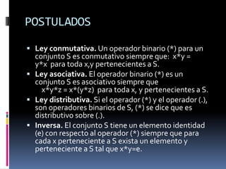 POSTULADOS

 Ley conmutativa. Un operador binario (*) para un
  conjunto S es conmutativo siempre que: x*y =
  y*x para toda x,y pertenecientes a S.
 Ley asociativa. El operador binario (*) es un
  conjunto S es asociativo siempre que
    x*y*z = x*(y*z) para toda x, y pertenecientes a S.
 Ley distributiva. Si el operador (*) y el operador (.),
  son operadores binarios de S, (*) se dice que es
  distributivo sobre (.).
 Inversa. El conjunto S tiene un elemento identidad
  (e) con respecto al operador (*) siempre que para
  cada x perteneciente a S exista un elemento y
  perteneciente a S tal que x*y=e.
 