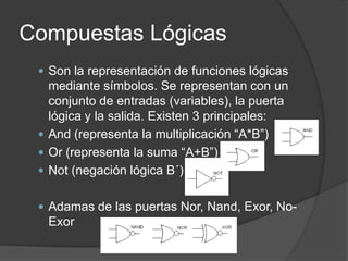Compuestas Lógicas
  Son la representación de funciones lógicas
   mediante símbolos. Se representan con un
   conjunto de entradas (variables), la puerta
   lógica y la salida. Existen 3 principales:
  And (representa la multiplicación “A*B”)
  Or (representa la suma “A+B”)
  Not (negación lógica B´)


  Adamas de las puertas Nor, Nand, Exor, No-
  Exor
 