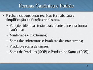 Formas Canônica e Padrão
●

Precisamos considerar técnicas formais para a
simplificação de funções booleanas.
–
–
–
–
–

Funções idênticas terão exatamente a mesma forma
canônica;
Mintermos e maxtermos;
Soma dos mintermos e Produtos dos maxtermos;
Produto e soma de termos;
Soma de Produtos (SOP) e Produto de Somas (POS).

28

 