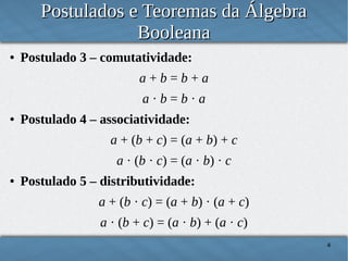 Postulados e Teoremas da Álgebra
Booleana
●

Postulado 3 – comutatividade:
a+b=b+a
a·b=b·a

●

Postulado 4 – associatividade:
a + (b + c) = (a + b) + c
a · (b · c) = (a · b) · c

●

Postulado 5 – distributividade:
a + (b · c) = (a + b) · (a + c)
a · (b + c) = (a · b) + (a · c)
4

 