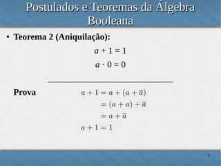 Postulados e Teoremas da Álgebra
Booleana
●

Teorema 2 (Aniquilação):
a+1=1
a·0=0
____________________________
Prova

7

 