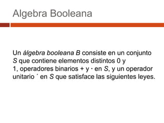 Algebra Booleana

Un álgebra booleana B consiste en un conjunto
S que contiene elementos distintos 0 y
1, operadores binarios + y · en S, y un operador
unitario ´ en S que satisface las siguientes leyes.

 