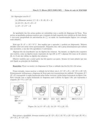 8 Nina S. T. Hirata (DCC/IME-USP) — Notas de aula de MAC0329
L9. Opera¸c˜oes com ∅ e U
(a) (Elemento neutro) U ∩ X = X e ∅ ∪ X = X
(b) ∅ ∩ X = ∅ e U ∪ X = U
(c) ∅c = U e Uc = ∅
As igualdades das leis acima podem ser entendidas com o aux´ılio de diagramas de Venn. Para
provar as igualdades podemos mostrar que o conjunto do lado esquerdo est´a contido no do lado direito
e vice-versa (propriedade de anti-simetria de ⊆), ou ainda via transforma¸c˜oes l´ogicas (ver exemplo
mais adiante).
Note que X ∪ Y = (Xc ∩ Y c)c. Isto implica que o operador ∪ poderia ser dispensado. Maiores
detalhes sobre isso ser˜ao vistos oportunamente. Enquanto isso, vale a pena mencionarmos que embora
n˜ao necess´ario, o uso dos trˆes operadores ´e conveniente.
Algumas leis s˜ao semelhantes aos da ´algebra dos n´umeros. No entanto, na ´algebra dos conjuntos
n˜ao existem, como na ´algebra usual, express˜oes do tipo 2X ou X2 e algumas leis como as de n´umero
3b, 4 e 5 n˜ao s˜ao v´alidas na ´algebra dos n´umeros.
Observe tamb´em que a maior parte das leis aparece aos pares. Iremos ver mais adiante que isso
est´a ligado ao princ´ıpio da dualidade.
Exerc´ıcio: Prove ou mostre via diagramas de Venn a validade das leis L3, L5 e L8 acima.
Como exemplo, vamos mostrar a validade da lei L3(a), isto ´e, X ∩ (Y ∪ Z) = (X ∩ Y ) ∪ (X ∩ Z).
Primeiramente utilizaremos o diagrama de Venn para nos convencermos da validade. O conjunto X ∩
(Y ∪Z) corresponde `a regi˜ao hachurada pelas linhas verticais e pelas linhas horizontais na ﬁgura 1.6a.
Esta coincide com a regi˜ao hachurada no diagrama mais `a direita da ﬁgura 1.6b, que representa o
conjunto (X ∩ Y ) ∪ (X ∩ Z).
(a)
(b)
Figura 1.6: (a) X ∩ (Y ∪ Z). (b) (X ∩ Y ) ∪ (X ∩ Z).
Para provar a igualdade, devemos mostrar que X ∩ (Y ∪ Z) ⊆ (X ∩ Y ) ∪ (X ∩ Z) e que (X ∩ Y ) ∪
(X ∩ Z) ⊆ X ∩ (Y ∪ Z).
 