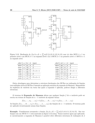 98 Nina S. T. Hirata (DCC/IME-USP) — Notas de aula de MAC0329
0
1
0
a
MUX
I
0
1
2
3
1 0
MUX
OUT
S
S
I
0
1
2
3
1 0
0
d
d
0
b c f(a,b,c,d)
MUX
OUT
0
1
0
MUX
0
1
0
MUX
0
1
0
MUX
0
1
0
MUX
a b
c
c
c
c
0
d
d
0
1
d
d
I
0
1
2
3
1 0
1
d
1
d
cb
MUX
OUT
S
1
Figura 5.13: Realiza¸c˜ao de f(a, b, c, d) = m(2, 5, 8, 9, 11, 12, 14, 15) com (a) dois MUX 4 × 1 no
primeiro n´ıvel e um MUX 2 × 1 no segundo n´ıvel e (b) 4 MUX 2 × 1 no primeiro n´ıvel e 1 MUX 4 × 1
no segundo n´ıvel.
abcd a bc d input
0010 0 01 0 d
0101 0 10 1 d
1000 1 00 0
d + d = 1
1001 1 00 1
1100 1 10 0 d
1110 1 11 0
d + d = 1
1111 1 11 1
abcd ab c d input
0010 00 1 0 d
0101 01 0 1 d
1000 10 0 0
d + d = 1
1001 10 0 1
1100 11 0 0 d
1110 11 1 0
d + d = 1
1111 11 1 1
Outra abordagem para determinar a estrutura hier´arquica dos MUXes na realiza¸c˜oes de fun¸c˜oes
com m´ultiplos n´ıveis de MUXes ´e baseada na aplica¸c˜ao sucessiva da expans˜ao de Shannon. Dependendo
da seq¨uˆencia de vari´aveis em torno das quais a expans˜ao ´e aplicada, pode-se chegar a diferentes
estruturas.
O teorema de Expans˜ao de Shannon aﬁrma que qualquer fun¸c˜ao f de n vari´aveis pode ser
escrita em termos de fun¸c˜oes de n − 1 vari´aveis da seguinte forma:
f(x1, . . . , xk, . . . , xn) = xif(x1, . . . , 0, . . . , xn) + xif(x1, . . . , 1, . . . , xn)
As fun¸c˜oes f(x1, . . . , 0, . . . , xn) e f(x1, . . . , 1, . . . , xn) s˜ao fun¸c˜oes de n − 1 vari´aveis. O teorema pode
ser aplicado recursivamente nessas duas fun¸c˜oes.
Exemplo: Consideremos novamente a fun¸c˜ao f(a, b, c, d) = m(2, 5, 8, 9, 11, 12, 14, 15). Sua rea-
liza¸c˜ao com um MUX 8 × 1 est´a mostrada na ﬁgura 5.12 acima. Vamos mostrar agora que aplicando-
se sucessivamente a expans˜ao de Shannon ´e poss´ıvel obter diferentes estruturas de realiza¸c˜oes de f
 