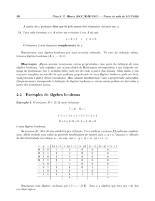 30 Nina S. T. Hirata (DCC/IME-USP) — Notas de aula de MAC0329
A partir disto podemos dizer que h´a pelo menos dois elementos distintos em A.
A4. Para cada elemento x ∈ A existe um elemento x em A tal que
x + x = 1 e x · x = 0
O elemento x ser´a chamado complemento de x.
Denotaremos uma ´algebra booleana por uma sextupla ordenada. No caso da deﬁni¸c˜ao acima,
temos a ´algebra booleana A, +, ·, , 0, 1 .
Observa¸c˜ao: Alguns autores incorporam outras propriedades como parte da deﬁni¸c˜ao de uma
´algebra booleana. Vale registrar que os postulados de Huntington correspondem a um conjunto mi-
nimal de postulados, isto ´e, nenhum deles pode ser derivado a partir dos demais. Mais ainda, ´e um
conjunto completo no sentido de que qualquer propriedade de uma ´algebra booleana pode ser deri-
vada/provada a partir desses postulados. Mais adiante mostraremos como a propriedade associativa
(frequentemente incorporada `a deﬁni¸c˜ao de ´algebra booleana) e v´arias outras podem ser derivadas a
partir dos postulados acima.
2.2 Exemplos de ´algebra booleana
Exemplo 1: O conjunto B = {0, 1} onde deﬁnimos
1 = 0 0 = 1
1 · 1 = 1 + 1 = 1 + 0 = 0 + 1 = 1
0 + 0 = 0 · 0 = 0 · 1 = 1 · 0 = 0
´e uma ´algebra booleana.
Os axiomas A1, A3 e A4 s˜ao satisfeitos por deﬁni¸c˜ao. Para veriﬁcar o axioma A2 podemos construir
uma tabela verdade com todas as poss´ıveis combina¸c˜oes de valores para x, y e z. Vejamos a validade
da distributividade em rela¸cao a ·, ou seja, que x · (y + z) = (x · y) + (x · z).
x y z (y + z) x · (y + z) (x · y) (x · z) (x · y) + (x · z)
0 0 0 0 0 0 0 0
0 0 1 1 0 0 0 0
0 1 0 1 0 0 0 0
0 1 1 1 0 0 0 0
1 0 0 0 0 0 0 0
1 0 1 1 1 0 1 1
1 1 0 1 1 1 0 1
1 1 1 1 1 1 1 1
* *
Denotamos esta ´algebra booleana por B, +, ·, , 0, 1 . Esta ´e a ´algebra que est´a por tr´as dos
circuitos l´ogicos.
 