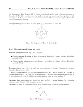 36 Nina S. T. Hirata (DCC/IME-USP) — Notas de aula de MAC0329
Um diagrama de Hasse do poset (A, ≤) ´e uma representa¸c˜ao gr´aﬁca onde v´ertices representam os
elementos de A e dois elementos x e y s˜ao ligados por uma aresta se e somente se y cobre x. Em
um diagrama de Hasse, os elementos menores (com rela¸c˜ao a ordem parcial) s˜ao em geral desenhados
abaixo dos elementos maiores.
Exemplo: O diagrama de Hasse do poset ({a, b, c}, ⊆) ´e mostrado na ﬁgura 2.1.
{a,b,c}
{a,c}
{b} {c}{a}
{a,b} {b,c}
{ }
Figura 2.1: Diagrama de Hasse de ({a, b, c}, ⊆).
2.4.2 Elementos not´aveis de um poset
Menor e maior elementos: Seja (A, ≤) um poset.
• Chama-se menor elemento de A um elemento 0 ∈ A tal que 0 ≤ x para todo x ∈ A (tamb´em
denotado m(A)).
• Chama-se maior elemento de A um elemento 1 ∈ A tal que x ≤ 1 para todo x ∈ A (tamb´em
denotado M(A)).
Teorema: Em um poset (A, ≤), se existe um menor elemento, ele ´e ´unico. Similarmente, se existe
um maior elemento, ele ´e ´unico.
PROVA: Suponha que 01 e 02 s˜ao menores elementos de (A, ≤). Ent˜ao, ter´ıamos 01 ≤ 02 (pois 01
´e menor elemento) e 02 ≤ 01 (pois 02 ´e menor elemento). Pela propriedade anti-sim´etrica da rela¸c˜ao
≤, conclu´ımos que 01 = 02. A unicidade do maior elemento segue de forma an´aloga.
Exemplo: Dado um conjunto n˜ao vazio S, no poset (P(S), ⊆) o menor elemento ´e o ∅ (conjunto
vazio) e o maior elemento ´e o S (conjunto universo).
Exemplo: No poset do diagrama abaixo, o maior elemento ´e a e n˜ao h´a um menor elemento.
a
b c
d e
Figura 2.2: Diagrama de um poset.
 