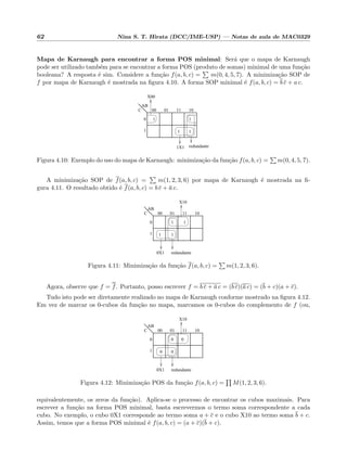 62 Nina S. T. Hirata (DCC/IME-USP) — Notas de aula de MAC0329
Mapa de Karnaugh para encontrar a forma POS minimal: Ser´a que o mapa de Karnaugh
pode ser utilizado tamb´em para se encontrar a forma POS (produto de somas) minimal de uma fun¸c˜ao
booleana? A resposta ´e sim. Considere a fun¸c˜ao f(a, b, c) = m(0, 4, 5, 7). A minimiza¸c˜ao SOP de
f por mapa de Karnaugh ´e mostrada na ﬁgura 4.10. A forma SOP minimal ´e f(a, b, c) = b c + a c.
0
1
00 01 11 10
AB
C
1
1 1
1
redundante1X1
X00
Figura 4.10: Exemplo do uso do mapa de Karnaugh: minimiza¸c˜ao da fun¸c˜ao f(a, b, c) = m(0, 4, 5, 7).
A minimiza¸c˜ao SOP de f(a, b, c) = m(1, 2, 3, 6) por mapa de Karnaugh ´e mostrada na ﬁ-
gura 4.11. O resultado obtido ´e f(a, b, c) = b c + a c.
0
1
00 01 11 10
AB
C
1
1 1
1
X10
redundante0X1
Figura 4.11: Minimiza¸c˜ao da fun¸c˜ao f(a, b, c) = m(1, 2, 3, 6).
Agora, observe que f = f. Portanto, posso escrever f = b c + a c = (b c)(a c) = (b + c)(a + c).
Tudo isto pode ser diretamente realizado no mapa de Karnaugh conforme mostrado na ﬁgura 4.12.
Em vez de marcar os 0-cubos da fun¸c˜ao no mapa, marcamos os 0-cubos do complemento de f (ou,
0
1
00 01 11 10
AB
C
X10
redundante0X1
0 0
0 0
Figura 4.12: Minimiza¸c˜ao POS da fun¸c˜ao f(a, b, c) = M(1, 2, 3, 6).
equivalentemente, os zeros da fun¸c˜ao). Aplica-se o processo de encontrar os cubos maximais. Para
escrever a fun¸c˜ao na forma POS minimal, basta escrevermos o termo soma correspondente a cada
cubo. No exemplo, o cubo 0X1 corresponde ao termo soma a + c e o cubo X10 ao termo soma b + c.
Assim, temos que a forma POS minimal ´e f(a, b, c) = (a + c)(b + c).
 