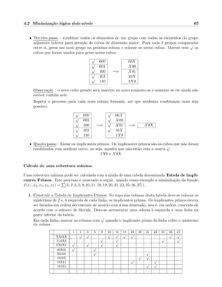 4.2 Minimiza¸c˜ao l´ogica dois-n´ıveis 65
• Terceiro passo : combinar todos os elementos de um grupo com todos os elementos do grupo
adjacente inferior para gera¸c˜ao de cubos de dimens˜ao maior. Para cada 2 grupos comparados
entre si, gerar um novo grupo na pr´oxima coluna e colocar os novos cubos. Marcar com
√
os
cubos que foram usados para gerar novos cubos.
√
000
√
001
√
100
√
101
√
110
=⇒
00X
X00
X01
10X
1X0
Observa¸c˜ao : o novo cubo gerado ser´a inserido no novo conjunto se e somente se ele ainda n˜ao
estiver contido nele.
Repetir o processo para cada nova coluna formada, at´e que nenhuma combina¸c˜ao mais seja
poss´ıvel.
√
000
√
001
√
100
√
101
√
110
=⇒
√
00X
√
X00
√
X01
√
10X
1X0
=⇒ X0X
• Quarto passo : Listar os implicantes primos. Os implicantes primos s˜ao os cubos que n˜ao foram
combinados com nenhum outro, ou seja, aqueles que n˜ao est˜ao com a marca
√
.
1X0 e X0X
C´alculo de uma cobertura m´ınima
Uma cobertura m´ınima pode ser calculada com a ajuda de uma tabela denominada Tabela de Impli-
cantes Primos. Este processo ´e mostrado a seguir, usando como exemplo a minimiza¸c˜ao da fun¸c˜ao
f(x1, x2, x3, x4, x5) = (1, 2, 3, 5, 9, 10, 11, 18, 19, 20, 21, 23, 25, 26, 27)).
1. Construir a Tabela de Implicantes Primos: No topo das colunas desta tabela deve-se colocar os
mintermos de f e, `a esquerda de cada linha, os implicantes primos. Os implicantes primos devem
ser listados em ordem decrescente de acordo com a sua dimens˜ao, isto ´e, em ordem crescente de
acordo com o n´umero de literais. Deve-se acrescentar uma coluna `a esquerda e uma linha na
parte inferior da tabela.
Em cada linha, marcar as colunas com
√
quando o implicante primo da linha cobre o mintermo
da coluna.
1 2 3 5 9 10 11 18 19 20 21 23 25 26 27
XX01X
√ √ √ √ √ √ √ √
X10X1
√ √ √ √
0X0X1
√ √ √ √
00X01
√ √
X0101
√ √
1010X
√ √
10X11
√ √
101X1
√ √
 