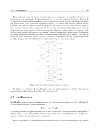 5.2 Codiﬁcadores 93
Para contornar o fan-out, uma poss´ıvel solu¸c˜ao s˜ao as realiza¸c˜oes em estruturas de ´arvore. A
ﬁgura 5.6 mostra a realiza¸c˜ao de um decodiﬁcador 3 : 8 em uma estrutura de ´arvore. Em vez de
termos todas as vari´aveis alimentando portas no primeiro n´ıvel, temos vari´aveis que alimentam portas
nos outros n´ıveis, como o exemplo mostrado na ﬁgura 5.2. Usando este esquema, pode-se reduzir
o n´umero de portas no pr´oximo n´ıvel que precisam ser alimentadas pela sa´ıda de uma porta no
n´ıvel anterior. Mesmo assim, o problema de fan-out n˜ao ´e totalmente eliminado pois as vari´aveis
introduzidas nos n´ıveis posteriores do circuito precisam alimentar muitas portas. No entanto, ´e mais
f´acil controlar o sinal de algumas poucas entradas (vari´aveis) para que eles sejam capazes de alimentar
um maior n´umero de portas do que fazer o mesmo com as sa´ıdas das portas l´ogicas. Esta solu¸c˜ao
possui um maior n´umero de n´ıveis e um maior n´umero de portas l´ogicas do que o esquema mostrado
na ﬁgura 5.5, mas para decodiﬁcadores de muitas entradas pode ser a ´unica solu¸c˜ao.
c
c
c
b
b
a
a
b
c
c
a b c
a b c
a b c
a b ca b c
a b c
a b c
a b c
a b c
Figura 5.6: Decodiﬁcador em estrutura de ´arvore.
Na pr´atica, as realiza¸c˜oes de decodiﬁcadores para um n´umero grande de entradas ´e baseada em
uma combina¸c˜ao das estruturas da ﬁgura 5.5 e da ﬁgura 5.6.
5.2 Codiﬁcadores
Codiﬁcadores s˜ao circuitos combinacionais que s˜ao o inverso de decodiﬁcadores. Um codiﬁcador de
n entradas deve possuir s sa´ıdas satisfazendo
2s
≥ n ou s ≥ log 2n
Usualmente deve-se ter apenas uma entrada ativa e a sa´ıda ser´a o c´odigo bin´ario correspondente `a
entrada. Isto ´e, se a i-´esima entrada estiver ativa, a sa´ıda ser´a o c´odigo bin´ario de i. A ﬁgura 5.7
mostra o esquema de um codiﬁcador de n entradas.
Embora usualmente os codiﬁcadores sejam deﬁnidos como um circuito no qual apenas uma entrada
 