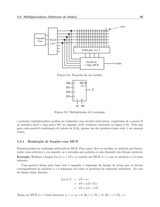 5.3 Multiplexadores (Seletores de dados) 95
Contador
3 bits
Decod.
3 p/ 8
Gerador de
c’odigo ASCII
Codificador 16 x 4
buffer
tecla
Figura 5.8: Esquema de um teclado.
D0
D3
D2
D1
3
MUX
4−1
0
1
2
01
Z
S0S1
Figura 5.9: Multiplexador de 4 entradas.
e portanto multiplexadores podem ser realizados com circuitos dois-n´ıveis, consistindo de n portas E
no primeiro n´ıvel e uma porta OU no segundo n´ıvel, conforme mostrado na ﬁgura 5.10. Note que
para cada poss´ıvel combina¸c˜ao de valores de S1S0, apenas um dos produtos toma valor 1 na equa¸c˜ao
acima.
5.3.1 Realiza¸c˜ao de fun¸c˜oes com MUX
Fun¸c˜oes podem ser realizadas utilizando-se MUX. Para tanto, deve-se escolher as vari´aveis que funcio-
nar˜ao como seletores e, em seguida, as n entradas que poder˜ao ou n˜ao depender das demais vari´aveis.
Exemplo: Realizar a fun¸c˜ao f(a, b, c) = a b + a c usando um MUX 4 × 1, com as vari´aveis a e b como
seletores.
Uma poss´ıvel forma para fazer isso ´e expandir a express˜ao da fun¸c˜ao de forma que os literais
correspondentes `as vari´aveis a e b apare¸cam em todos os produtos da express˜ao resultante. No caso
da fun¸c˜ao dada, fazemos
f(a, b, c) = a b + a c
= a b + a (b + b) c
= a b + a b c + a b c
Assim, no MUX 4 × 1 basta fazermos s1 = a, s0 = b, D0 = 1, D1 = 0, D2 = c e D3 = c.
 