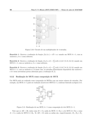 96 Nina S. T. Hirata (DCC/IME-USP) — Notas de aula de MAC0329
s0s1
Z
D3
D2
D1
D0
Figura 5.10: Circuito de um multiplexador de 4 entradas.
Exerc´ıcio 1: Escreva a realiza¸c˜ao da fun¸c˜ao f(a, b, c) = a b + a c usando um MUX 8 × 1, com as
vari´aveis a, b e c como seletores.
Exerc´ıcio 2: Escreva a realiza¸c˜ao da fun¸c˜ao f(a, b, c, d) = m(0, 1, 3, 6, 7, 8, 11, 12, 14) usando um
MUX 8 × 1, com as vari´aveis a, b e c como seletores.
Exerc´ıcio 3: Escreva a realiza¸c˜ao da fun¸c˜ao f(a, b, c, d) = m(0, 1, 3, 6, 7, 8, 11, 12, 14) usando um
MUX 4 × 1, com as vari´aveis a e b (neste caso, as entradas possivelmente depender˜ao das vari´aveis c
e d e ser˜ao necess´arias portas adicionais para a realiza¸c˜ao de f).
5.3.2 Realiza¸c˜ao de MUX como composi¸c˜ao de MUX
Um MUX pode ser realizado como composi¸c˜ao de MUXes com um menor n´umero de entradas. Por
exemplo, um MUX 4×1 pode ser realizado atrav´es de 3 MUX 2×1, conforme ilustrado na ﬁgura 5.11.
D0
D2
D3
D1
B
B
A
3
2
1
0
0
1
0
0
1
0
0
1
MUX
MUX
MUX
Z .
Figura 5.11: Realiza¸c˜ao de um MUX 4 × 1 como composi¸c˜ao de trˆes MUX 2 × 1.
Note que se AB = 00, ent˜ao como B = 0 a sa´ıda do MUX 1 ´e D0 e a do MUX 2 ´e D2 e, como
A = 0, a sa´ıda do MUX 3 ´e D0. Se AB = 01 ent˜ao as sa´ıdas s˜ao, respectivamente, D1, D3 e D1.
 