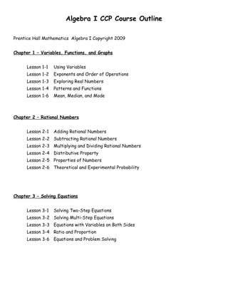 Algebra I CCP Course Outline

Prentice Hall Mathematics Algebra I Copyright 2009


Chapter 1 – Variables, Functions, and Graphs


      Lesson 1-1   Using Variables
      Lesson 1-2   Exponents and Order of Operations
      Lesson 1-3   Exploring Real Numbers
      Lesson 1-4   Patterns and Functions
      Lesson 1-6   Mean, Median, and Mode



Chapter 2 – Rational Numbers


      Lesson 2-1   Adding Rational Numbers
      Lesson 2-2 Subtracting Rational Numbers
      Lesson 2-3 Multiplying and Dividing Rational Numbers
      Lesson 2-4 Distributive Property
      Lesson 2-5 Properties of Numbers
      Lesson 2-6 Theoretical and Experimental Probability




Chapter 3 – Solving Equations


      Lesson 3-1   Solving Two-Step Equations
      Lesson 3-2 Solving Multi-Step Equations
      Lesson 3-3 Equations with Variables on Both Sides
      Lesson 3-4 Ratio and Proportion
      Lesson 3-6 Equations and Problem Solving
 