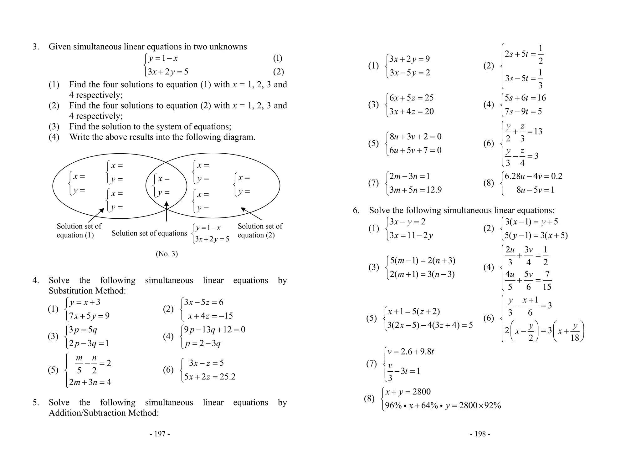 - 197 -
3. Given simultaneous linear equations in two unknowns
1
3 2 5
y x
x y
= −⎧
⎨
+ =⎩
(1)
(2)
(1) Find the four solutions to equation (1) with x = 1, 2, 3 and
4 respectively;
(2) Find the four solutions to equation (2) with x = 1, 2, 3 and
4 respectively;
(3) Find the solution to the system of equations;
(4) Write the above results into the following diagram.
4. Solve the following simultaneous linear equations by
Substitution Method:
(1)
3
7 5 9
y x
x y
= +⎧
⎨
+ =⎩
(2)
3 5 6
4 15
x z
x z
− =⎧
⎨
+ = −⎩
(3)
3 5
2 3 1
p q
p q
=⎧
⎨
− =⎩
(4)
9 13 12 0
2 3
p q
p q
− + =⎧
⎨
= −⎩
(5)
2
5 2
2 3 4
m n
m n
⎧
− =⎪
⎨
⎪ + =⎩
(6)
3 5
5 2 25.2
x z
x z
− =⎧
⎨
+ =⎩
5. Solve the following simultaneous linear equations by
Addition/Subtraction Method:
(No. 3)
Solution set of
equation (1)
Solution set of
equation (2)
x
y
=⎧
⎨
=⎩
x
y
=⎧
⎨
=⎩ x
y
=⎧
⎨
=⎩
x
y
=⎧
⎨
=⎩
x
y
=⎧
⎨
=⎩
Solution set of equations
1
3 2 5
y x
x y
= −⎧
⎨
+ =⎩
x
y
=⎧
⎨
=⎩
x
y
=⎧
⎨
=⎩
- 198 -
(1)
3 2 9
3 5 2
x y
x y
+ =⎧
⎨
− =⎩
(2)
1
2 5
2
1
3 5
3
s t
s t
⎧
+ =⎪⎪
⎨
⎪ − =
⎪⎩
(3)
6 5 25
3 4 20
x z
x z
+ =⎧
⎨
+ =⎩
(4)
5 6 16
7 9 5
s t
s t
+ =⎧
⎨
− =⎩
(5)
8 3 2 0
6 5 7 0
u v
u v
+ + =⎧
⎨
+ + =⎩
(6)
13
2 3
3
3 4
y z
y z
⎧
+ =⎪⎪
⎨
⎪ − =
⎪⎩
(7)
2 3 1
3 5 12.9
m n
m n
− =⎧
⎨
+ =⎩
(8)
6.28 4 0.2
8 5 1
u v
u v
− =⎧
⎨
− =⎩
6. Solve the following simultaneous linear equations:
(1)
3 2
3 11 2
x y
x y
− =⎧
⎨
= −⎩
(2)
3( 1) 5
5( 1) 3( 5)
x y
y x
− = +⎧
⎨
− = +⎩
(3)
5( 1) 2( 3)
2( 1) 3( 3)
m n
m n
− = +⎧
⎨
+ = −⎩
(4)
2 3 1
3 4 2
4 5 7
5 6 15
u v
u v
⎧
+ =⎪⎪
⎨
⎪ + =
⎪⎩
(5)
1 5( 2)
3(2 5) 4(3 4) 5
x z
x z
+ = +⎧
⎨
− − + =⎩
(6)
1
3
3 6
2 3
182
y x
yy
xx
+⎧
− =⎪⎪
⎨
⎛ ⎞⎛ ⎞⎪ = +−⎜ ⎟ ⎜ ⎟
⎪ ⎝ ⎠ ⎝ ⎠⎩
(7)
2.6 9.8
3 1
3
v t
v
t
= +⎧
⎪
⎨
− =⎪⎩
(8)
2800
96% 64% 2800 92%
x y
x y
+ =⎧
⎨
+ = ×⎩ i i
 