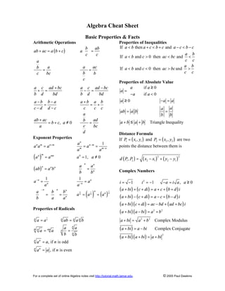 Algebra Cheat Sheet
Basic Properties & Facts
Arithmetic Operations

Properties of Inequalities
If a < b then a + c < b + c and a − c < b − c
a b
If a < b and c > 0 then ac < bc and <
c c
a b
If a < b and c < 0 then ac > bc and >
c c

 b  ab
a  =
c c

ab + ac = a ( b + c )
a
  a
b =
c
bc

a
ac
=
b b
 
c

a c ad + bc
+ =
b d
bd

a c ad − bc
− =
b d
bd

a −b b−a
=
c−d d −c

Properties of Absolute Value
if a ≥ 0
a
a =
if a < 0
 −a
a ≥0
−a = a

a+b a b
= +
c
c c
a
  ad
b =
 c  bc
 
d

ab + ac
= b + c, a ≠ 0
a

a+b ≤ a + b

(a )

n m

an
1
= a n−m = m−n
m
a
a

( ab )

a 0 = 1, a ≠ 0
n

n

a −n =
a
 
b

= a nm

−n

1
an
n

bn
b
=  = n
a
a

n
m

1

a = an

m n

a = nm a

( x2 − x1 ) + ( y2 − y1 )
2

2

n

Complex Numbers
i = −1

( ) = (a )

a = a

Properties of Radicals
n

d ( P , P2 ) =
1

a
a
  = n
b
b
1
= an
−n
a

= a nb n

Triangle Inequality

Distance Formula
If P = ( x1 , y1 ) and P2 = ( x2 , y2 ) are two
1
points the distance between them is

Exponent Properties
a n a m = a n+m

a
a
=
b
b

ab = a b

1
m

n

n

1
m

i 2 = −1

−a = i a , a ≥ 0

( a + bi ) + ( c + di ) = a + c + ( b + d ) i
( a + bi ) − ( c + di ) = a − c + ( b − d ) i
( a + bi )( c + di ) = ac − bd + ( ad + bc ) i
( a + bi )( a − bi ) = a 2 + b 2

n

ab = n a n b

a + bi = a 2 + b 2

n

a na
=
b nb

( a + bi ) = a − bi Complex Conjugate
2
( a + bi )( a + bi ) = a + bi

n

a n = a, if n is odd

n

Complex Modulus

a n = a , if n is even

For a complete set of online Algebra notes visit http://tutorial.math.lamar.edu.

© 2005 Paul Dawkins

 