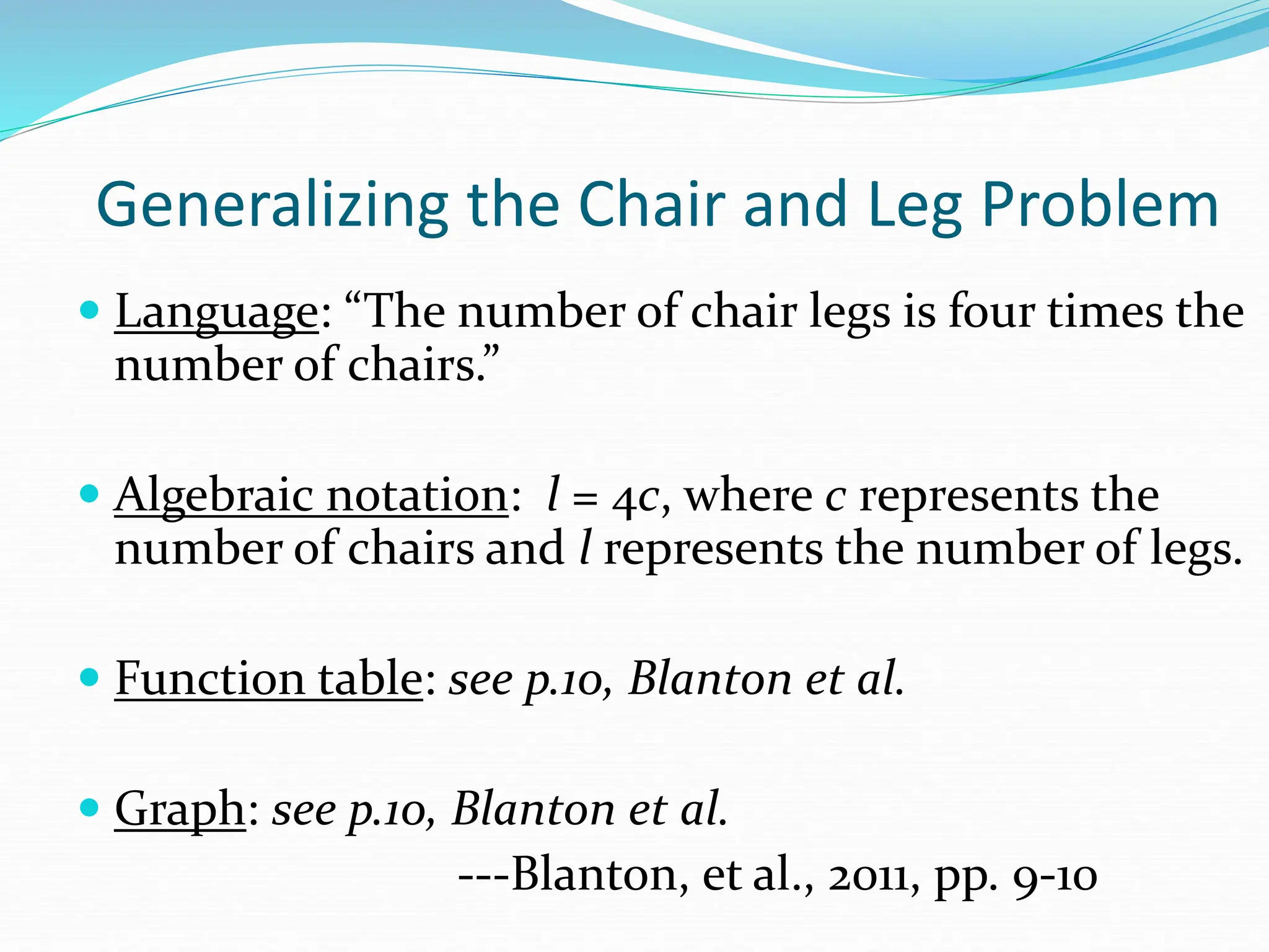Generalizing the Chair and Leg Problem
 Language: “The number of chair legs is four times the
number of chairs.”
 Algebraic notation: l = 4c, where c represents the
number of chairs and l represents the number of legs.
 Function table: see p.10, Blanton et al.
 Graph: see p.10, Blanton et al.
---Blanton, et al., 2011, pp. 9-10
 
