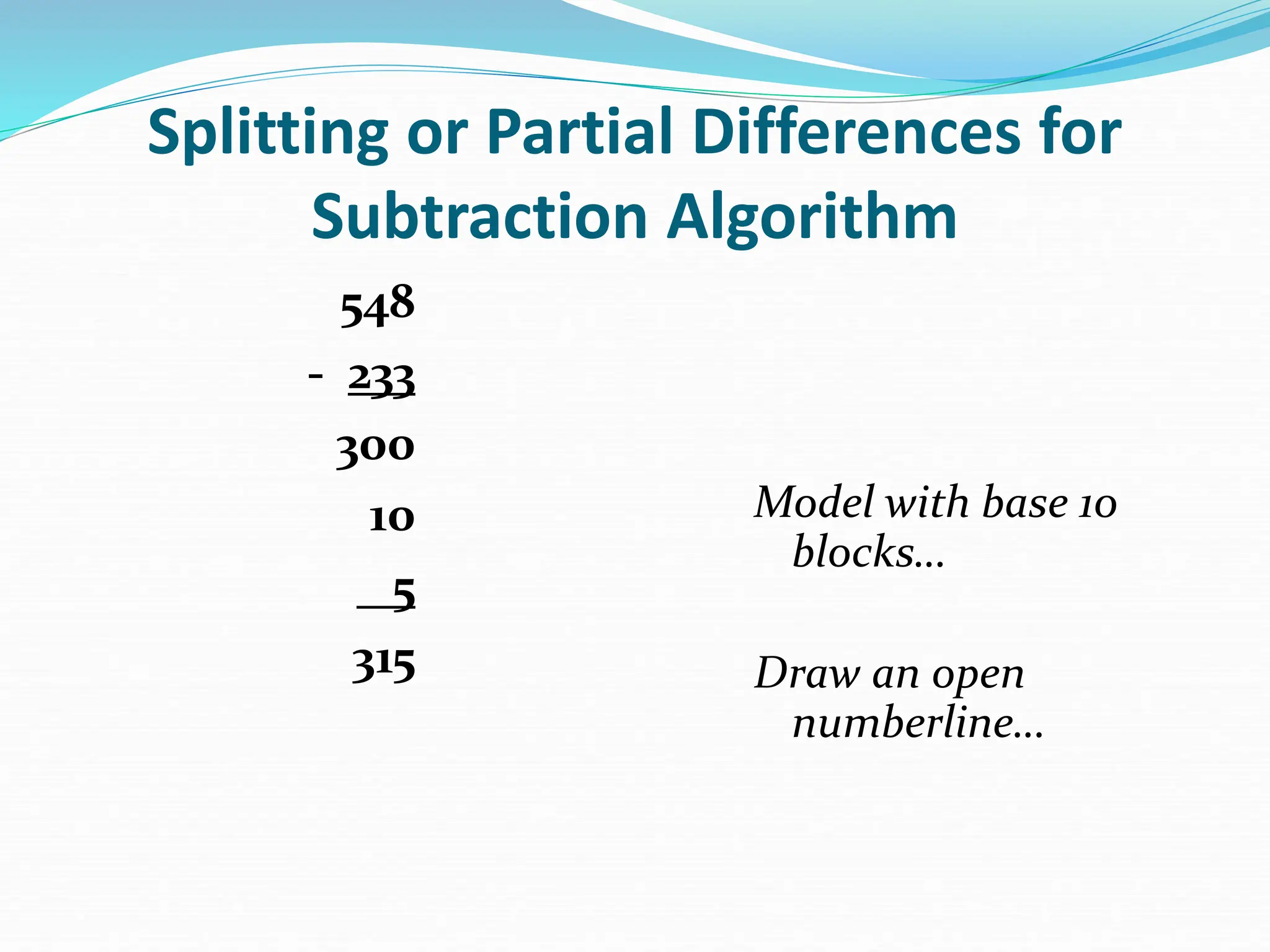 Splitting or Partial Differences for
Subtraction Algorithm
548
- 233
300
10
5
315
Model with base 10
blocks…
Draw an open
numberline…
 