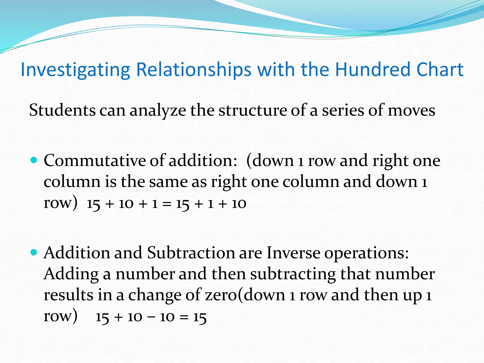 Investigating Relationships with the Hundred Chart
Students can analyze the structure of a series of moves
 Commutative of addition: (down 1 row and right one
column is the same as right one column and down 1
row) 15 + 10 + 1 = 15 + 1 + 10
 Addition and Subtraction are Inverse operations:
Adding a number and then subtracting that number
results in a change of zero(down 1 row and then up 1
row) 15 + 10 – 10 = 15
 