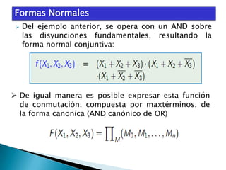 Formas Normales


Del ejemplo anterior, se opera con un AND sobre
las disyunciones fundamentales, resultando la
forma normal conjuntiva:

 De igual manera es posible expresar esta función
de conmutación, compuesta por maxtérminos, de
la forma canoníca (AND canónico de OR)

 