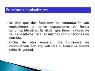 Funciones equivalentes





Se dice que dos funciones de conmutación son
equivalentes si tienen expansiones en forma
canoníca idénticas. Es decir, que tienen valores de
salida idénticos para las mismas combinaciones de
entrada.
Dicho de otra manera, dos funciones de
conmutación son equivalentes si tienen la misma
tabla de verdad.

 