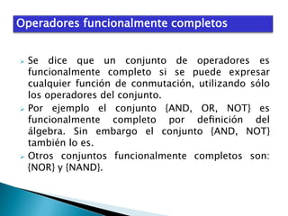 Operadores funcionalmente completos







Se dice que un conjunto de operadores es
funcionalmente completo si se puede expresar
cualquier función de conmutación, utilizando sólo
los operadores del conjunto.
Por ejemplo el conjunto {AND, OR, NOT} es
funcionalmente completo por deﬁnición del
álgebra. Sin embargo el conjunto {AND, NOT}
también lo es.
Otros conjuntos funcionalmente completos son:
{NOR} y {NAND}.

 