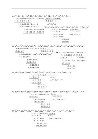 11. n − 6n + 5n + 13n − 23n − 8n + 44n − 12n − 32n + 16 ÷ n − 3n + 5n − 8n + 4
     10      8      7      6       5     4       3   2                 6      4 3


      1+ 0 − 6 + 5 + 13 − 23 − 8 + 44 − 12 − 32 + 16 1+ 0 − 3 + 5 + 0 − 8 + 4
     − 1− 0 + 3 − 5 − 0 + 8 − 4                                      1+ 0 − 3 + 0 + 4
             − 3 + 0 + 13 − 15 − 12 + 44 − 12                          ⇒ n4 − 3n2 + 4
             + 3 + 0 − 9 + 15 + 0 − 24 + 12                      12. 3x 7 − 4 x 6 y − 15x 5 y 2 + 29x 4 y 3 − 13x 3 y 4 + 5xy 6 − 3y 7 ÷ x 3 − 5xy 2 + 3y 3
                         4 + 0 − 12 + 20 + 0 − 36 + 16                          3 − 4 − 15 + 29 − 13 + 0 + 5 − 3            1+ 0 − 5 + 3
                       − 4 + 0 + 12 − 20 − 0 + 36 − 16                        − 3 − 0 + 15 − 9                              3 − 4 + 0 + 0 −1
                                                                                   − 4 + 0 + 20 − 13                    ⇒ 3x 4 − 4 x 3 y − y 4
                                                                                   + 4 + 0 − 20 + 12
                                                                                                       − 1+ 0 + 5 − 3
                                                                                                         1 −0−5+3


13. x16 − 4x14 y 2 − 10x12 y 4 + 21x10 y 6 + 28x 8 y 8 − 23x 6 y10 + 9x 4 y12 + 33x 2 y14 − 6y16 ÷ x 6 − 4x 4 y 2 − 5x 2 y 4 + y 6
      1− 4 − 10 + 21+ 28 − 23 + 9 + 33 − 6         1− 4 − 5 + 1
    − 1+ 4 + 5 − 1                                 1+ 0 − 5 + 0 + 3 − 6
                                                                              14. a m + 2 − 3a m +1 − 5a m + 20a m − 1 − 25a m − 3 ÷ a 2 − 5
           − 5 + 20 + 28 − 23 ⇒ x10 − 5x 6 y 4 + 3x 2 y 8 − 6y10                         1 − 3 − 5 + 20 + 0 − 25 1+ 0 − 5
           + 5 − 20 − 25 + 5                                                           − 1− 0 + 5                        1− 3 + 0 + 5
                        3 − 18 + 9 + 33
                                                                                           − 3 + 0 + 20 ⇒ am − 3am − 1 + 5am − 3
                       − 3 + 12 + 15 − 3
                                                                                           + 3 + 0 − 15
                           − 6 + 24 + 30 − 6
                                                                                                     + 5 + 0 − 25
                           + 6 − 24 − 30 + 6
                                                                                                     − 5 − 0 + 25

15. 7a 2 x + 5 − 35a 2 x + 4 + 6a 2 x + 3 − 78a 2x + 2 − 5a 2 x + 1 − 42a 2 x − 7a 2 x − 1 ÷ 7a x + 3 + 6a x + 1 + a x
                                    7 − 35 + 6 − 78 − 5 − 42 − 7            7 + 0 + 6 +1
                                   −7− 0 −6− 1                              1− 5 + 0 − 7
                                        − 35 + 0 − 79 − 5                   ⇒ a x + 2 − 5a x + 1 − 7a x − 1
                                        + 35 + 0 + 30 + 5
                                                  − 49 + 0 − 42 − 7
                                                     49 − 0 + 42 + 7


16. 6x 2a + 3 − 4x 2a + 2 − 28x 2a + 1 + 21x 2a − 46x 2a − 1 + 19x 2a − 2 − 12x 2a − 3 − 6x 2a − 4 ÷ 6x a + 1 − 4x a + 2x a − 1 + x a − 2
                                     6 − 4 − 28 + 21− 46 + 19 − 12 − 6            6 − 4 + 2 +1
                                   − 6 + 4 − 2 −1                                 1+ 0 − 5 + 0 − 6
                                            − 30 + 20 − 46 + 19                    ⇒ x a + 2 − 5x a − 6x a − 2
                                            + 30 − 20 + 10 + 5
                                                        − 36 + 24 − 12 − 6
                                                           36 − 24 + 12 + 6


17. 6a 5 x + 3 − 23a 5 x + 2 + 12a 5 x + 1 − 34a 5 x + 22a 5 x − 1 − 15a 5 x − 2 ÷ a 2 x + 2 − 3a 2x + 1 − a 2 x − 5a 2 x − 1
                                       6 − 23 + 12 − 34 + 22 − 15        1− 3 − 1− 5
                                      − 6 + 18 + 6 + 30                  6−5+3
                                          − 5 + 18 − 4 + 22               ⇒ 6a 3 x + 1 − 5a 3 x + 3a 3 x − 1
                                          + 5 − 15 − 5 − 25
                                                  3 − 9 − 3 − 15
                                                 − 3 + 9 + 3 + 15
 
