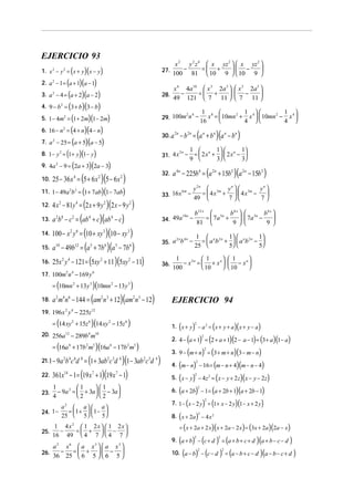 EJERCICIO 93

(

)(

1. x 2 − y 2 = x + y x − y

27.

28.

)

( )( )
( )( )
4. 9 − b = (3 + b )(3 − b)
5. 1 − 4m = (1 + 2m)(1 − 2m)
6. 16 − n = (4 + n)(4 − n)
7. a − 25 = (a + 5)(a − 5)
8. 1 − y = (1 + y )(1 − y )
9. 4a − 9 = (2a + 3)(2a − 3)

x 2 y 2 z 4  x yz 2   x yz 2 
−
= +
 −

100 81  10 9   10 9 
x 6 4a 10  x 3 2a 5   x 3 2a 5 
−
= +
  −

49 121  7 11   7 11 

2. a 2 − 1 = a + 1 a − 1

3. a 2 − 4 = a + 2 a − 2
2

2 4
29. 100m n −

2

2

30. a 2n − b 2n =

2

31. 4 x −
2n

2

2

10.

25 − 36 x 4 = (5 + 6 x 2 )(5 − 6 x 2 )

(

)(

11. 1 − 49a 2b 2 = 1 + 7ab 1 − 7ab
12.
13.
14.
15.
16.

32.

)

a − 49b = (a + 7b
5

25x y − 121 = (5xy
2 4

2

)(a − 7b )
+ 11 )(5xy − 11)
6

5

1  n 1   n 1
=  2x +   2x − 
9 
3 
3

6m

y 2 n  3m y n   3m y n 
=  4x +   4x −

49 
7
7

−

6

2

b12 x  5n b 6 x   5n b 6 x 
=  7a +
  7a −

81 
9  
9 

2n 4n
35. a b −

100 − x 2 y 6 = (10 + xy 3 )(10 − xy 3 )
12

+ b n )(a n − b n )

n

10 n
34. 49a −

a 2b8 − c 2 = (ab 4 + c)(ab 4 − c)
10

(a

a 4 n − 225b 4 = (a 2 n + 15b 2 )(a 2 n − 15b 2 )

33. 16 x

4 x 2 − 81y 4 = (2 x + 9 y 2 )(2 x − 9 y 2 )

1 8 
1 
1 
x =  10mn 2 + x 4   10mn 2 − x 4 

16
4 
4 

1  n 2 n 1  n 2 n 1
= a b +  a b − 
25 
5 
5

36.

17. 100m2 n 4 − 169 y 6

1
 1
  1

− x 2n =  + x n   − x n 
 10
  10

100

= (10mn 2 + 13 y 3 )(10mn 2 − 13 y 3 )

18.

a 2 m4 n 6 − 144 = (am2 n 3 + 12)(am2 n 3 − 12)

EJERCICIO 94

19. 196 x 2 y 4 − 225z12

= (14 xy 2 + 15z 6 )(14 xy 2 − 15z 6 )

(

20. 256a12 − 289b 4 m10

21.1 − 9a

b c d = (1 + 3ab c d
8

2 3

)(

)
2. 4 − (a + 1) = (2 + a + 1)(2 − a − 1) = (3 + a )(1 − a)
3. 9 − (m + n) = (3 + m + n)(3 − m − n )
4. (m − n) − 16 = (m − n + 4)(m − n − 4)
5. ( x − y) − 4 z = ( x − y + 2 z)(x − y − 2 z)
6. (a + 2b) − 1 = (a + 2b + 1)(a + 2b − 1)
7. 1 − ( x − 2 y ) = (1 + x − 2 y )(1 − x + 2 y )
2

)(1− 3ab c d )
− 1)
4

22.

361x14 − 1 = (19 x 7 + 1)(19 x 7

23.

1
1
1

− 9a 2 =  + 3a  − 3a
2
2

4

a2  a  a 
= 1+  1− 
24. 1 −
25  5   5 
1 4x  1 2x   1 2x 
−
= +   − 
16 49  4 7   4 7 
2

25.

(

2

2

= (16a 6 + 17b 2 m5 )(16a 6 − 17b 2 m5 )
2 4 6

)

1. x + y − a 2 = x + y + a x + y − a

a2 x6  a x3   a x3 
− = +  − 
26.
36 25  6 5   6 5 

2 3

4

2

2

2

2

2

8. ( x + 2a ) − 4 x 2
2

= ( x + 2a + 2 x)( x + 2a − 2 x ) = (3x + 2a )(2a − x )

(

) ( ) = (a + b + c + d )(a + b − c − d )
10. (a − b) − (c − d ) = (a − b + c − d )(a − b − c + d )
2

9. a + b − c + d
2

2

2

 