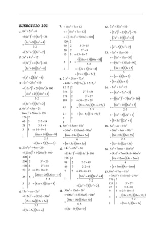 EJERCICIO 101

= − (10 x 2 + 7 x − 12)

2

= (6 x
=

)

+ 5 (6 x 2 ) − 36

2 2

(6x

120 2
60 2

=

)

(5x

+ 4 (5x 3 ) − 60

3

+ 10)(5x 3 − 6)
5

3

= (10 x

)

(10 x
=

4

+ 29 (10 x 4 ) + 100

+ 25)(10 x 4 + 4)
5⋅ 2

2 ⋅ 7 = 56

2
3

3 = 27
⇒ 56 − 27 = 29

3

3

(21x − 56 y)(21x + 27 y)

63

=

3

= (3x − 8 y )(7 x + 9 y )

7

7

6

= (m − 3a )(6m + 5a )
10. 14 x − 45x − 14
2

= (14 x 2 ) − 45 (14 x 2 ) − 196

2

2

400 2

196

200 2

52 = 25

100 2

24 = 16

50

2 ⇒ 25 − 16 = 9

25

5 =

5

5

(20xy + 25)(20xy − 16)
5⋅ 4

2

98
49
7

2
7 ⋅ 7 = 49
7
2⋅2 = 4
7 ⇒ 49 − 4 = 45
=

1

= (4 xy + 5)(5xy − 4)

1
2
2
6. 15x − ax − 2a

= (15x) − a (15x ) − 30a 2
2

(15x − 6a)(15x + 5a)
3⋅ 5

= (5x − 2a )(3x + a )

2

(6m − 18a )(6m + 5a )
4

(14 x

2

− 49)(14 x 2 + 4)
7⋅2

= (2 x 2 − 7)(7 x 2 + 2)
2
11. 30a − 13ab − 3b
2

= 900a 2 − 13 (30ab) − 90b 2

(30a − 18b)(30a + 5b)
=
6⋅ 5

= − (3a 2 − 13a − 30)

= − (9a 2 − 13 ( 3a ) − 90)
=−

(3a − 18)(3a + 5)
3

= − (a − 6)(3a + 5)
= (6 − a )(3a + 5)
8
4
14. − 6 x + 7 x + 5

= − (6 x 8 − 7 x 4 − 5)

(

)

= − (6 x 4 ) − 7 (6 x 4 ) − 30
=−

2

(6 x

4

− 10)(6 x + 3)
2⋅ 3
4

= − (3x 4 − 5)(2 x 4 + 1)
15. 6a 2 − ax − 15x 2

= 36m − 13 (6am) − 90a
=

− 35)(7 x 3 + 2)
7

= (5 − 3x 4 )(2 x 4 + 1)

2

2⋅3

= (20 xy) + 9 (20 xy) − 400

7⋅3

1
2
2
9. 6m − 13am − 15a

(6ax + 14)(6ax − 9)

2 2
5. 20 x y + 9 xy − 20

3

21

2
3
2 ⋅ 7 = 14
7
3⋅ 3 = 9
3 ⇒ 14 − 9 = 5

= (3ax + 7)(2ax − 3)

=

2

378
189

(6ax ) 2 + 5 ( 6ax ) − 126

=

= − (2 x + 3)(5x − 4)

756

2 2
4. 6a x + 5ax − 21

1

5⋅ 2

1. 512 2

= (2 x 4 + 5)(5x 4 + 2)

126
63
21
3

]

− (10x + 15)(10x − 8)

= 441x 2 − 29 (21xy ) − 1.512 y 2

3. 10 x + 29 x + 10

3

13. − 3a 2 + 13a + 30

2
2
8. 21x − 29 xy − 72 y

4

4 2

[

(7 x

= ( x 3 − 5)(7 x 3 + 2)

= (2 x + 3)(4 − 5x )

3

8

=

3

=

5⋅ 3 = 15

1

= (x + 2)(5x − 6)
3

]

2
2 3=8
5 ⇒ 15 − 8 = 7

30
15

2. 5x 6 + 4 x 3 − 12

= (5x

2

[

= (2 x 2 + 3)(3x 2 − 2)
3 2

= (7 x 3 ) − 33 (7 x 3 ) − 70

2
= − (10x ) + 7 (10 x ) − 120

+ 9)(6 x 2 − 4)
3⋅ 2

2

12. 7 x 6 − 33x 3 − 10

7. − 10 x 2 − 7 x + 12

1. 6 x + 5x − 6
4

= (5a − 3b)(6a + b)

= 36a 2 − 6ax − 90 x 2
=

(6a − 10x)(6a + 9 x)
2⋅3

= (3a − 5x )(2a + 3x )
2
2 2
16. 4 x + 7mnx − 15m n

= ( 4 x) + 7mn ( 4 x) − 60m2n 2
2

=

(4 x + 12mn )(4 x − 5mn)
4

= ( x + 3mn)(4 x − 5mn)
17.18a + 17ay − 15y
2
= (18a ) + 17 y (18a ) − 270 y 2
2

2

270

2

135
27
9

5
33 = 27
3
5⋅ 2 = 10
3 ⇒ 27 − 10 = 17

3

3

1

=

(18a + 27 y)(18a − 10 y)
9⋅2

= (2a + 3 y )(9a − 5 y )

 