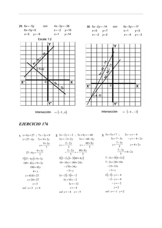 29. 6x = − 5y
6x + 5y = 0
x=5 y=−6

con

4x − 3y = − 38
x = − 2 y = 10
x =1
y = 14

30. 5x − 2y = − 14
x=0
y=7
x=−2 y=2

8x − 5y = − 17
x =1
y=5
x=−4 y=−3

con

Escala 1:2

0

6x
=
-5
y

5y
=

5x
-

(-5 ,6)

-17

-14

38

2y
=

y
-3

-

8x
-

4x

=

0

(-4 ,-3 )

Intersección

→ (− 5 , 6)

Intersección

→

(− 4 , − 3)

EJERCICIO 176
1. x + 6 y = 27 ; 7 x − 3 y = 9
x = 27 − 6 y 7 x = 9 + 3 y

9 + 3y
7
9 + 3y
27 − 6 y =
7
x=

7 (27 − 6 y ) = 9 + 3y

189 − 42 y = 9 + 3 y
180 = 45 y
4= y
x + 6 ( 4) = 27
x + 24 = 27
x=3
sol : x = 3 y = 4

2. 3x − 2 y = − 2 ; 5x + 8 y = − 60
3x = − 2 + 2 y
5 x = − 60 − 8 y

x= −

2 − 2y
60 + 8 y
x= −
3
5
2− 2y
60 + 8 y
−
=−
3
5

5 (2 − 2 y ) = 3 (60 + 8 y )
10 − 10 y = 180 + 24 y
− 170 = 34 y
− 5= y

3 x − 2 (− 5) = − 2
3x + 10 = − 2
3x = − 12
x= −4
sol : x = − 4

y= −5

2x − y = − 4
3. 3x + 5 y = 7 ;
− y = − 4 − 2x
5 y = 7 − 3x
y=

7 − 3x
y = 4 + 2x
5
7 − 3x
= 4 + 2x
5

7 − 3x = 5(4 + 2 x)
7 − 3x = 20 + 10 x
− 13 = 13x
− 1= x

2 (− 1) − y = − 4
− 2− y= − 4
− y= −2
y=2
sol : x = − 1 y = 2

 