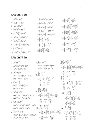EJERCICIO 205
1.

(4a 2 )2 = 16a 4
(

11.

)

3

2. − 5a = − 125a 3

12.

( )

2

4 2

2 3 3

6.

(4a b c ) = 64a b c

6 9 12

(− 6x y ) = 36x y
8. (− 7ab c ) = − 343a b c
4 5 2

7.

8 10

3 4 3

9.

3 9 12

(a mbn )x = a mxbnx

10.

(− 2 x y z ) = 16x
3 5 6 4

3 4

2

2

4

 2ab 2  16a 4b8
 =
81m12
 3m3 

15.

20.  −

8 4 12

5

2

6 9

2 3 4 3

 3x 2 
9x4
 =
19.  −
 4 y  16 y 2

9 3

(a 2b3c)m = a 2mb3mcm

13.

(− 6a b) = 36a b
5. (− 2 x y ) = − 8 x y
2

3

3

(− m nx ) = m n x
14. (− 3a b) = − 243a b

3

3. 3xy = 27 x 3 y 3
4.

(− 3m n) = − 27m n

10 5

(7 x y z ) = 49 x
5 6 8 2
2

5

 2m3n  32m15n5
 =
243x 20
 3x 4 

21. 

10 12 16

y z

2

 3a 3b 2  9a 6b 4
 =
22.  −
4 
16


 x
x
 = 2
16.  −
 2y 4y
2

8m
 2m 
17.  − 2  = − 6
 n 
n
3

4

 mn2  m4 n8
 =
3 
81


3

23.  −

5

 a 2b 4 
a 10b 20
 =−
2 
32


3

12 20 24

y z

 ab2  a 3b 6
 =
18. 
125
 5 

24.  −

EJERCICIO 206
7. ( xy − a b )

5
4
1. (a + 7b )

2 2 2

2

= a 10 + 2a 5 (7b 4 ) + 49b8
= a + 14a b + 49b
10

(

5 4

2. 3x − 5xy
4

8

)

3 2

= 9 x 8 − 2 (3x 4 ) (5xy 3 ) + 25x 2 y 6
= 9 x 8 − 30 x 5 y 3 + 25x 2 y 6

(

3. a b − a
2 3

)

5 2

= a 4b 6 − 2a 2b 3 (a 5 ) + a 10
= a 4b 6 − 2a 7b 3 + a 10

(

4. 7 x − 8 x y

)

= 49 x − 2 (7 x 5 )(8x 3 y 4 ) + 64 x 6 y 8
10

(

)

2 3 2

5. 9ab + 5a b

= 81a 2b4 + 2 (9ab 2 )(5a 2b 3 ) + 25a 4b 6
= 81a 2b4 + 90a 3b5 + 25a 4b 6

(

2 3

)

3 2 2

6. 3x y − 7 x y

2

 x 2y
8.  2 + 3 


=

2 2

4 4

2
x2
 x  2y 4y
+ 2    +
 2  3 
4
9

 3a 2b 
−


5 
2

=

2

= 9 x 4 y 6 − 2 (3x 2 y 3 )(7 x 3 y 2 ) + 49 x 6 y 4
= 9 x 4 y 6 − 42 x 5 y 5 + 49 x 6 y 4

=

 a 5   3a 3b 7  9a 6b14
a10
− 2  
+
81
49
 9 7 

a10 2a 8b 7 9a 6b14
−
+
81
21
49
2
 2m4 5n 3 
12.  5 − 4 


=

2 2

4m8
25n 6
− m4 n 3 +
25
16
2
 x y2 
13.  + 
3 4
=

4

9a 3a b 4b
−
+
16
5
25

 5x 3 3xy 2 
+


10.  6
5 

 2m4   5n 3  25n 6
4m8
− 2

+
25
16
 5  4 

=

2

 3a 2   2b 2  4b 4
9a 4
− 2

+
16
 4   5  25
4

2

=

2

x 2 2 xy 4 y 2
=
+
+
4
3
9

= 49 x10 − 112 x 8 y 4 + 64 x 6 y 8
2

=

= x y − 2a b xy + a b
2

9.  4

3 4 2

5

= x 2 y 2 − 2 (xy )(a 2b 2 ) + a 4b 4

 a 5 3a 3b 7 
 −

11.  9
7 

2

=

 5x 3   3xy 2  9 x 2 y 4
25x 6
+ 2

+
36
25
 6  5 

=

25x 6
9 x2 y4
+ x4 y2 +
36
25

2
4
x2
 x  y  y
+ 2    +
 3   4  16
9

x 2 xy 2 y 4
+
+
9
6 16
2
 2 x 3y 
− 
14. 
 3
5
=

=

2
4x2
 2 x   3y  9 y
− 2    +
 3   5  25
9

=

4 x 2 4 xy 9 y 2
−
+
9
5
25

 