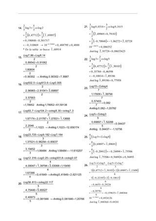 14.

2
5
log 3 + co log 2
5
3
2
5
= (0 , 47712) + ( 1 , 69897)
5
3
= 0 ,190848 − 0 , 501717

21.

= − 0 , 310869 → 10− 0 , 310869 = 0 , 488799 ≅ 0 , 4888
* En la tabla se busca 1 , 68914
Log 7 , 86 + Log 8 ,14
15.
2
0 , 89542 + 0 , 91062
=
2
1, 80604
=
2
= 0 , 90302 → Anti log 0 , 90302 = 7 , 9987
16.

Log 932 , 5 + Log 813 , 6 + Log 0 , 005
2
2 , 96965 + 2 , 91041+ 3 , 69897
=
2
3 , 57903
=
2
= 1, 78952 Anti log 1, 78952 = 61, 59138

17.

Log 93 , 7 + Log104 , 2 + co log 8 , 35 + co log 7 , 3
2
1, 97174 + 2 , 01787 + 1 , 07831+ 1 ,13668
=
2
2 , 2046
=
= 1,1023 → Anti log 1,1023 = 12 , 656174
2

18.

3
3
log 0 , 0316 + co log 0 ,1615
2
2
3
= (2 , 49969 + 0 , 79183)
2
3
= (− 0 , 70848) = − 1, 06272 = 2 , 93728
2
10−1, 06272 = 0 , 086552
Anti log 2 , 93728 = 0 , 08655625

22.

3
2
log 3 + co log 5
4
3
3
2
= (0 , 47712) + (1 , 30103)
4
3
= 0 , 35784 − 0 , 46598
= − 0 ,10814 = 1 , 89186
Anti log 1 , 89186 = 0 , 77958

23.

Log15 + Co log 4
7
1,17609 + 1 , 39794
7
0 , 57403
=
= 0 , 082
7
Anti log 0 , 082 = 1, 20782
=

24.

Log 5 + Co log 3
5
0 , 69897 + 1 , 52288
= 0 , 04437
5
Anti log 0 , 04437 = − 1,10756
=

Log 23 , 725 + Log 9 ,182 + Log 7 ,184
6
Log 5 + Co log 8
25.
3
5
1, 37521+ 0 , 96294 + 0 , 85637
6
=
= 0 , 69897 + 1 , 09691
3
5
3 ,19452
6
=
= 1, 06484 Anti log 1, 06484 = − 11, 610207
= − 0 , 20412 = − 0 , 24494 = 1 , 75506
3
5
Anti log 1 , 75506 = 0 , 568926 ≅ 0 , 56893
Log12 . 316 + Log 0 , 25 + co log 931, 8 + co log 0 , 07

(

)

(
(

19.

4
4 , 09047 + 1 , 39794 + 3 , 03068 + 1,15490
=
4
1, 67399
=
= 0 , 41849 → Anti log 0 , 41849 = 2 , 621125
4

20.

Log 56 . 813 + co log 22 .117
5
4 , 75446 + 5 , 65527
5
0 , 40973
=
= 0 , 081946 → Anti log 0 , 081946 = 1, 20766
5
=

26.

)

)

Log 3 + Co log 5 Log 5 + Co log 7
+
2
3
=

3 (0 , 47712 + 1 , 30103) + 2 (0 , 69897 + 1 , 15490)
6

3 (− 0 , 22185) + 2 (− 0 ,14613)
=
6
− 0 , 6655 − 0 , 29226
=
6
− 0 , 95781
=
= − 0 ,159635 = 1 , 840364
6
10 − 0 ,159635 = 0 , 6924126
Anti log 1 , 840364 = 0 , 69241

 